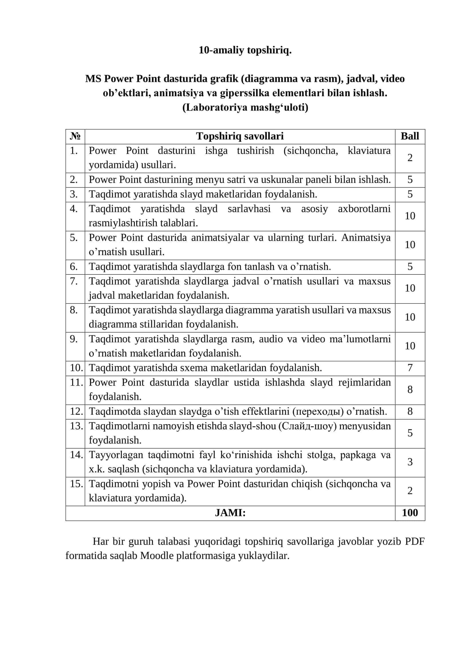10-amaliy topshiriq. MS Power Point dasturida grafik (diagramma va rasm), jadval, video ob’ektlari, animatsiya va giperssilka elementlari bilan ishlash. (Laboratoriya mashg‘uloti)