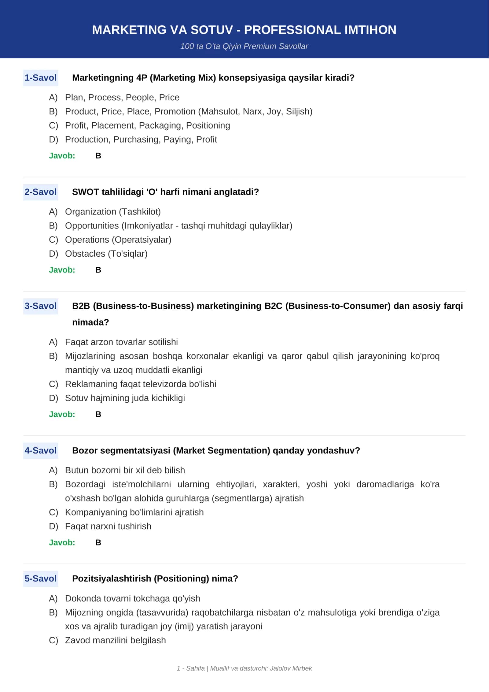 MARKETING VA SOTUV - PROFESSIONAL IMTIHON