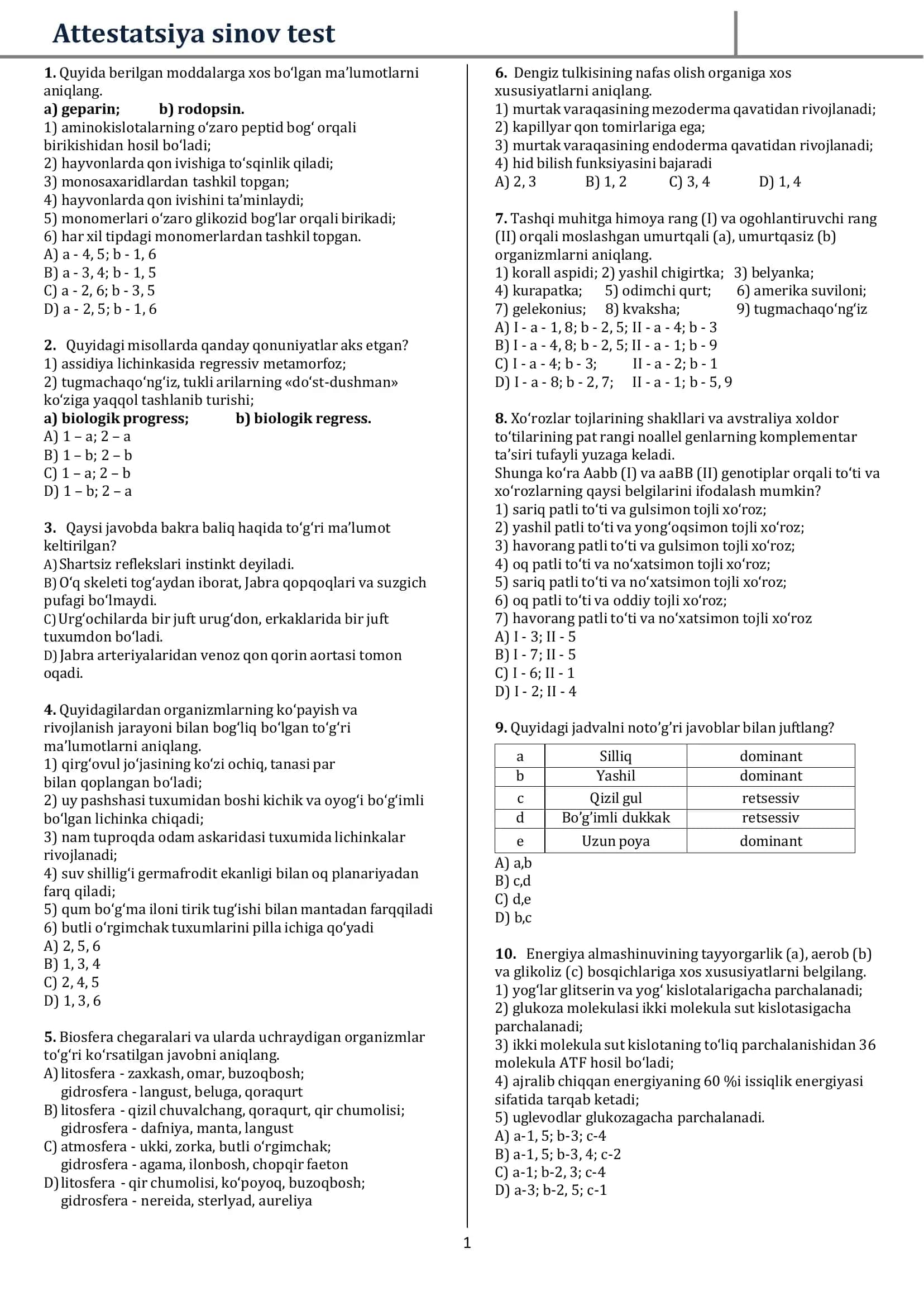BIOLOFIYA FANIDAN ATTESTATSIYA TESTLARI MAXSUS TUZILGAN