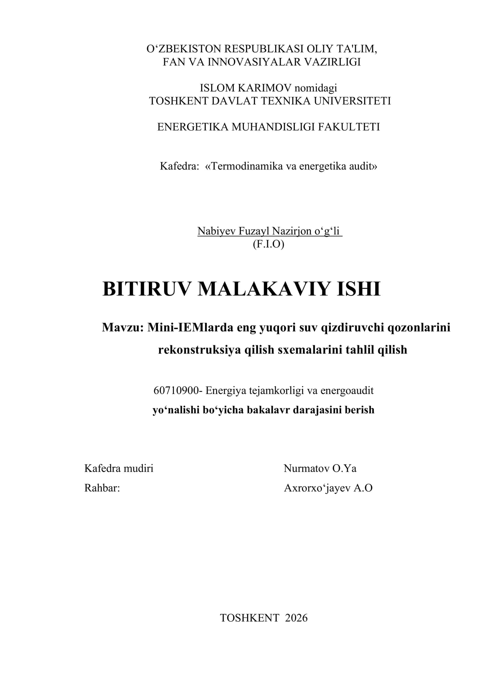 Mini-IEMlarda eng yuqori suv qizdiruvchi qozonlarini rekonstruksiya qilish sxemalarini tahlil qilish