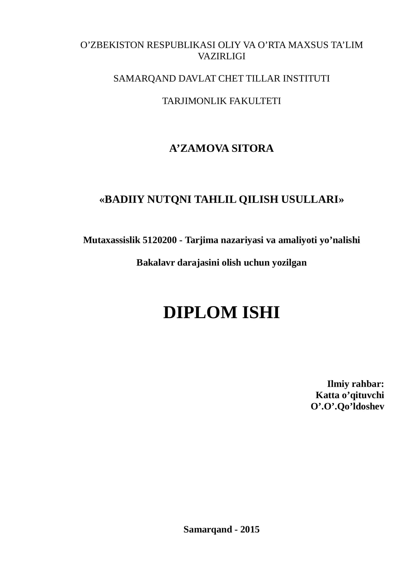 BADIIY NUTQNI TAHLIL QILISH USULLARI
