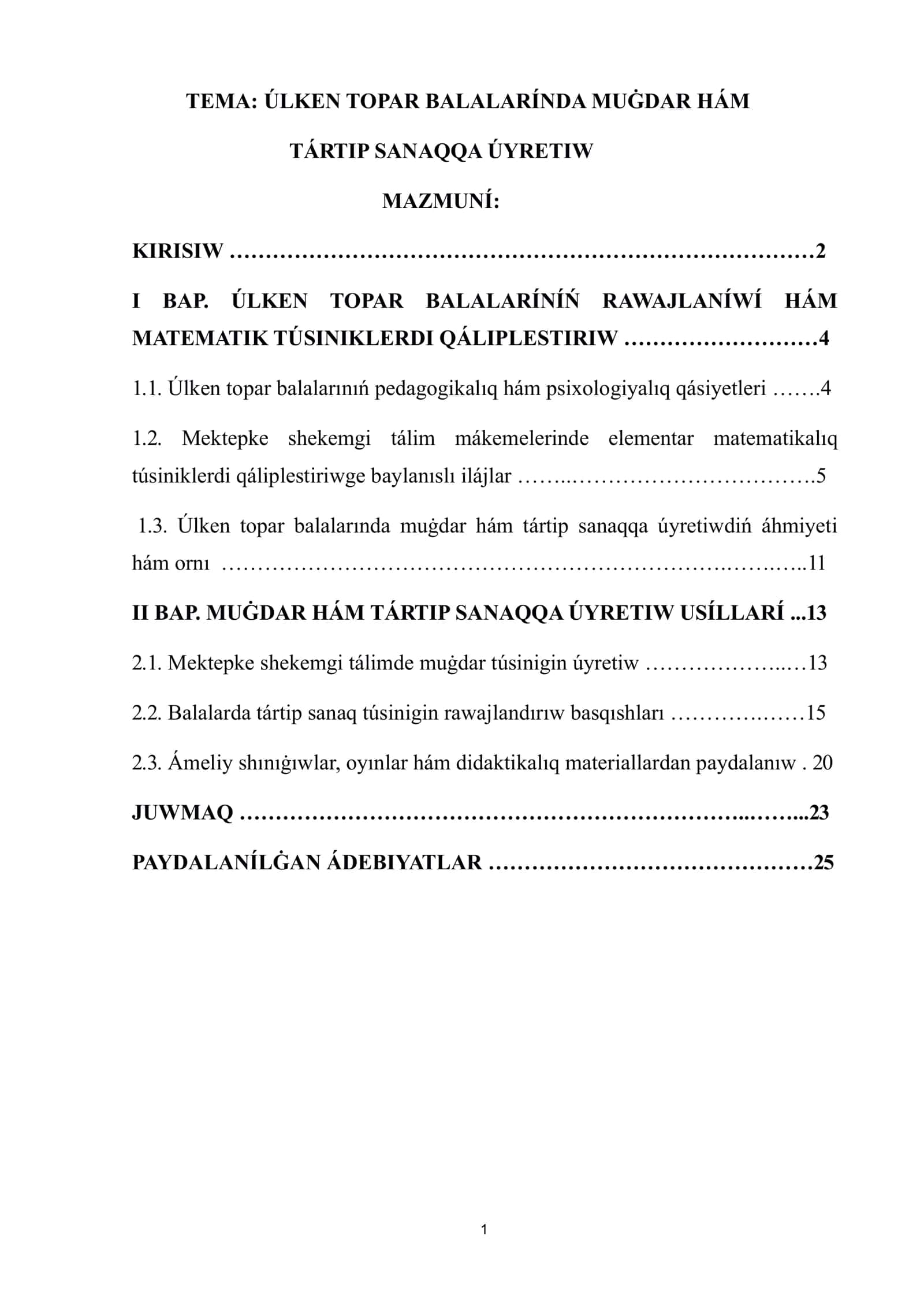 Úlken topar balalarında muǵdar hám tártip-sanaqqa úyretiw