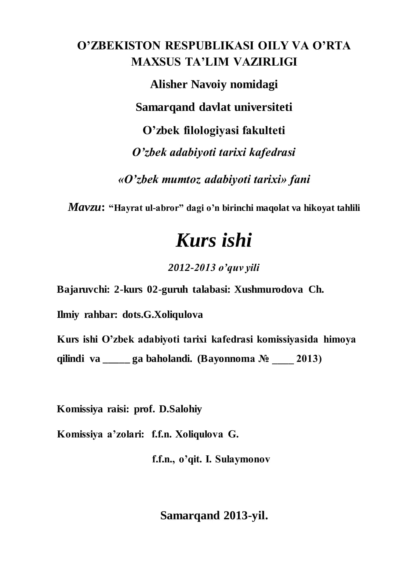 “Hayrat ul-abror” dagi o‟n birinchi maqolat va hikoyat tahlili