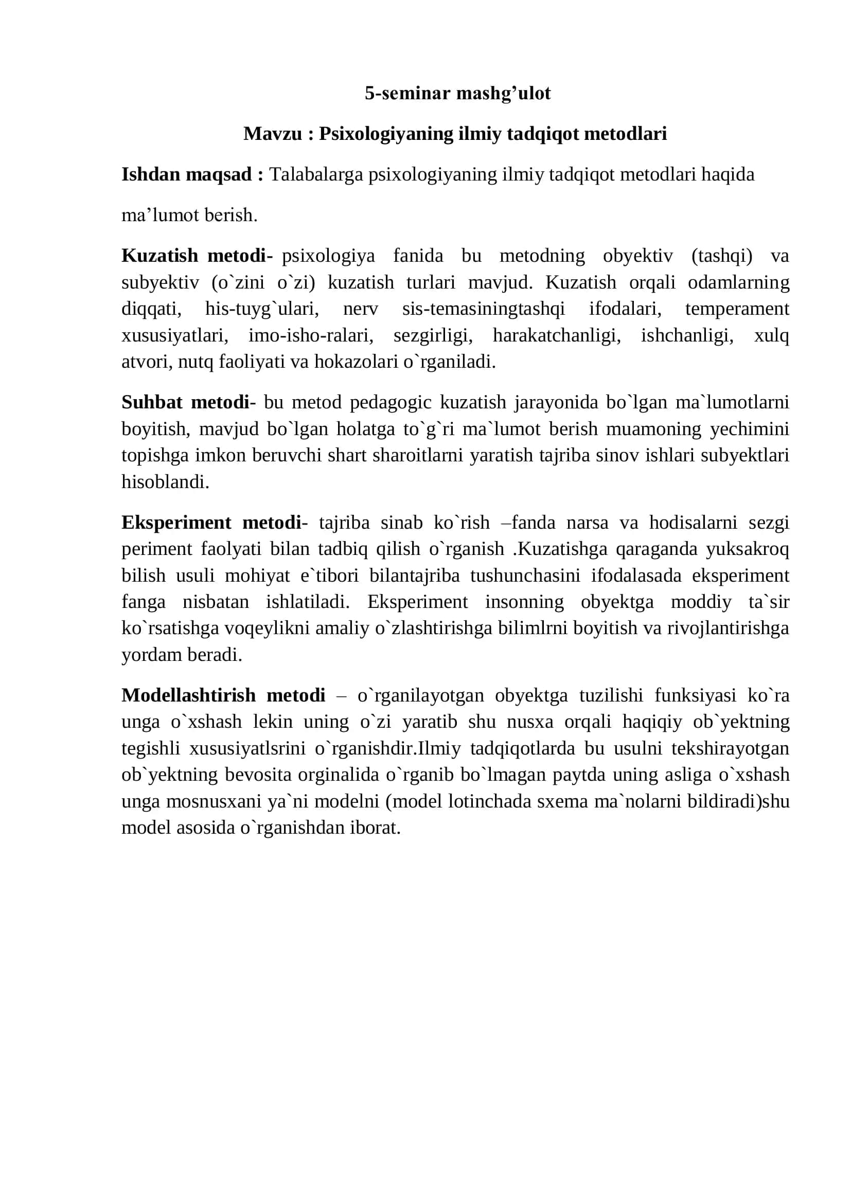 Psixologiyaning ilmiy tadqiqot metodlari