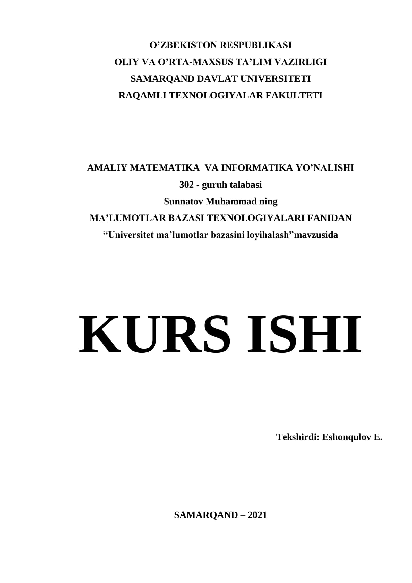 Universitet ma’lumotlar bazasini loyihalash