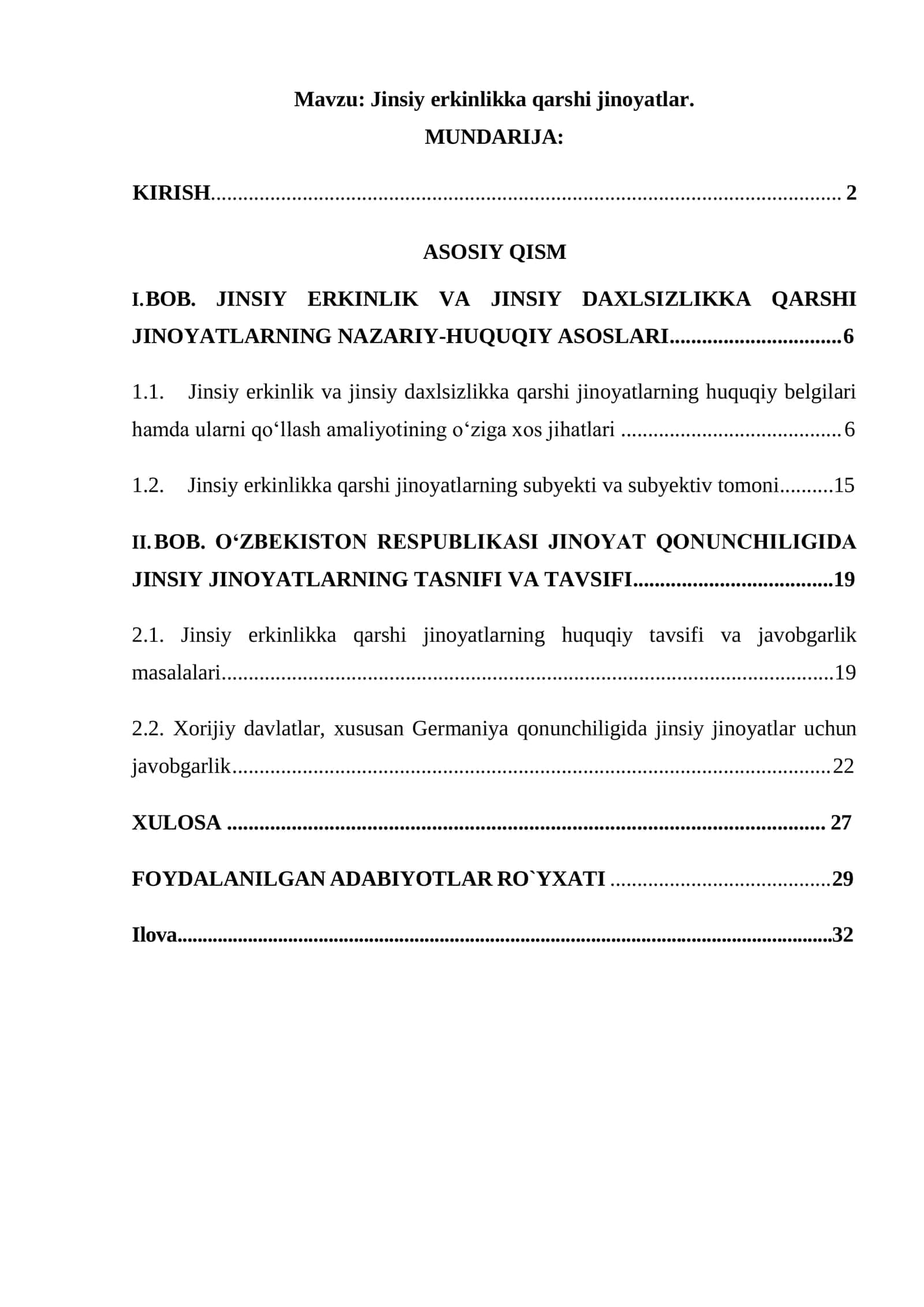 Jinsiy erkinlikka qarshi jinoyatlar kurs ishi
