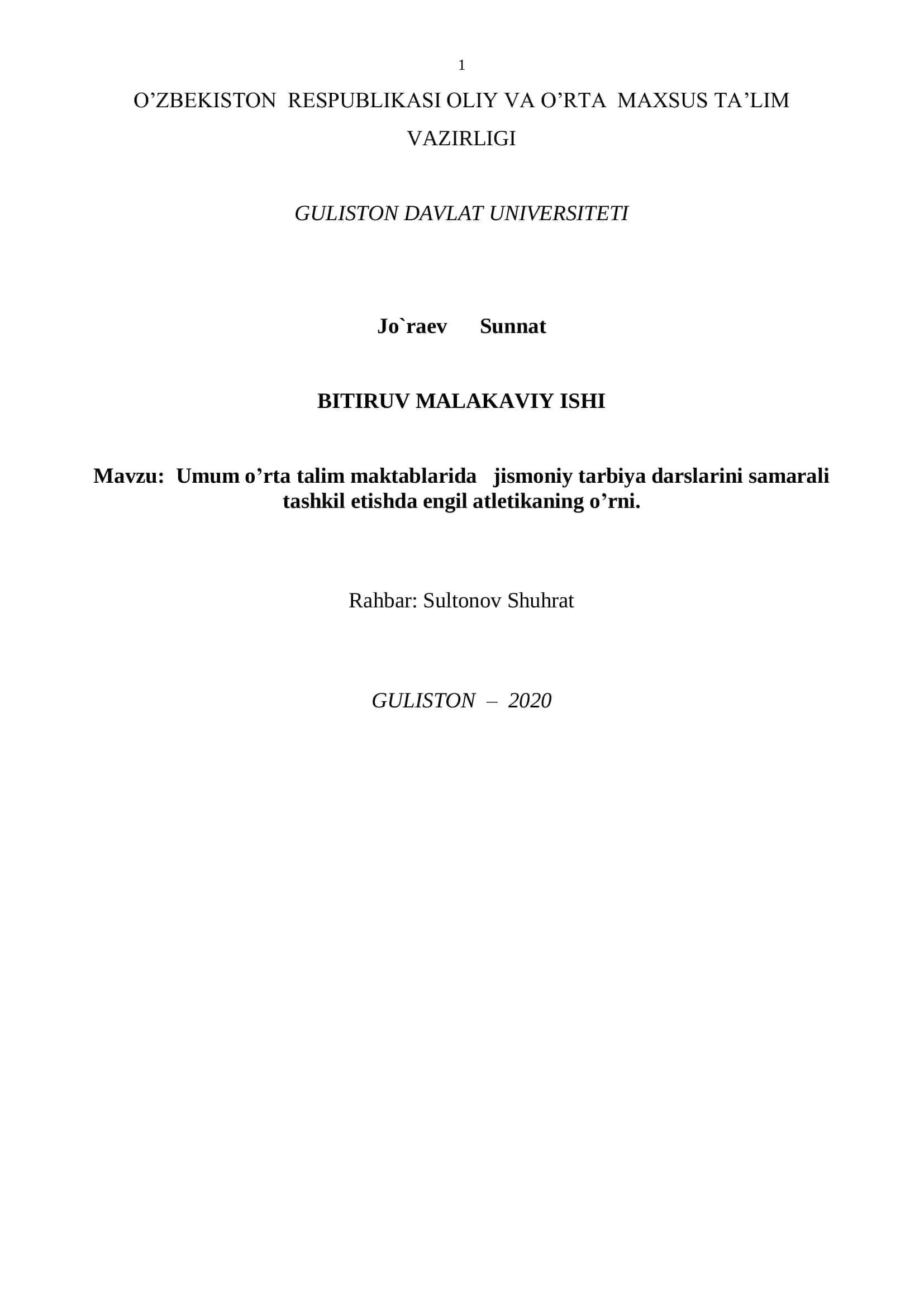 Umum o’rta talim maktablarida jismoniy tarbiya darslarini samarali tashkil etishda engil atletikaning o’rni