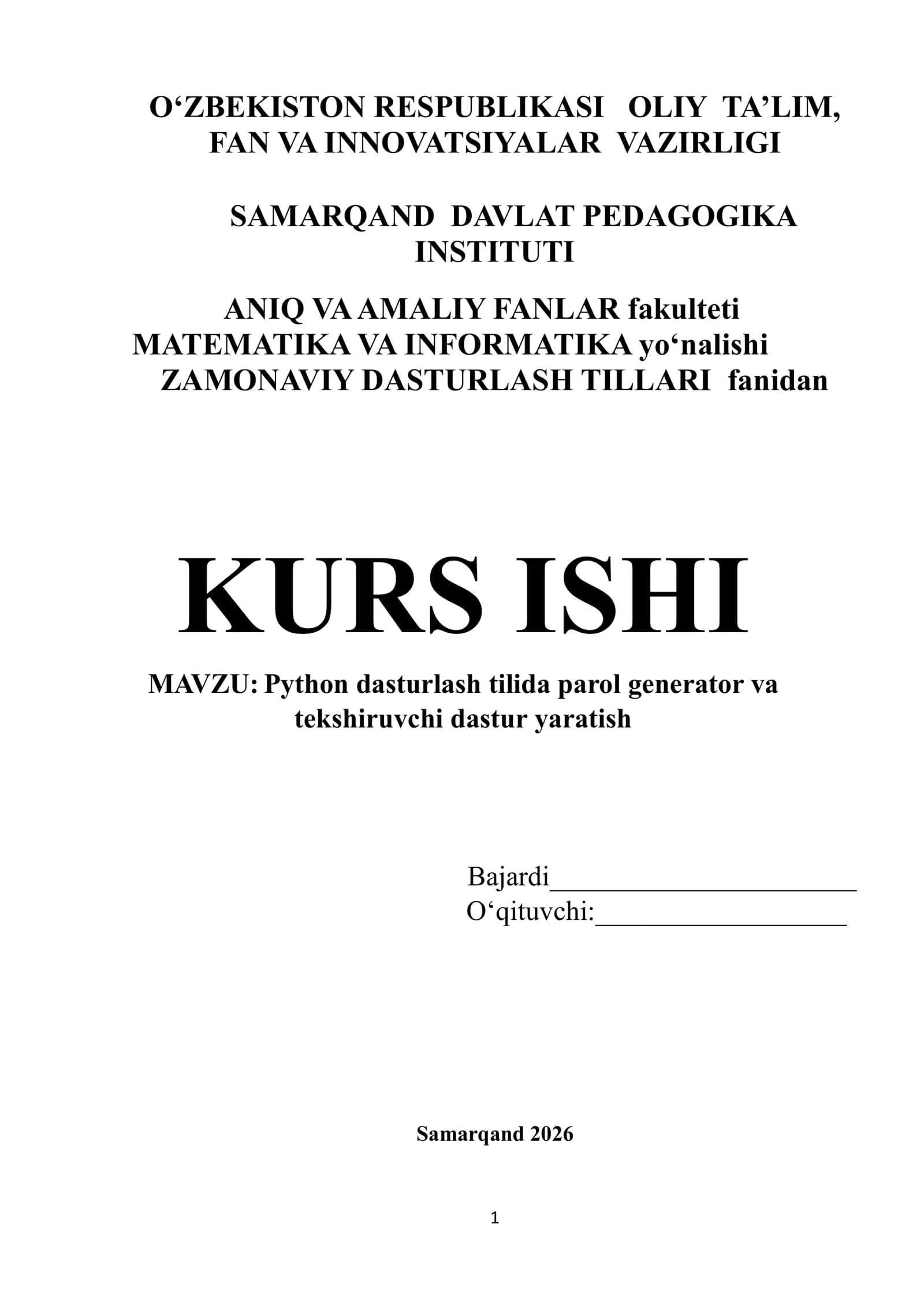 Python dasturlash tilida parol generator va tekshiruvchidastur