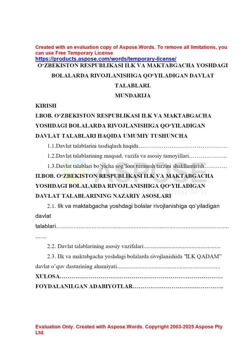 O‘zbekiston Respublikasi ilk va maktabgacha yoshdagi bolalarda rivojlanishiga qo‘yiladigan davlat talablari (kurs ishi)