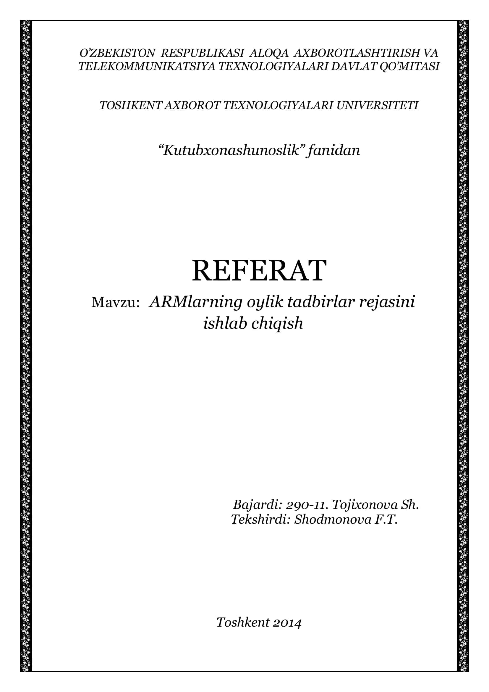 ARMlarning oylik tadbirlar rejasini ishlab chiqish
