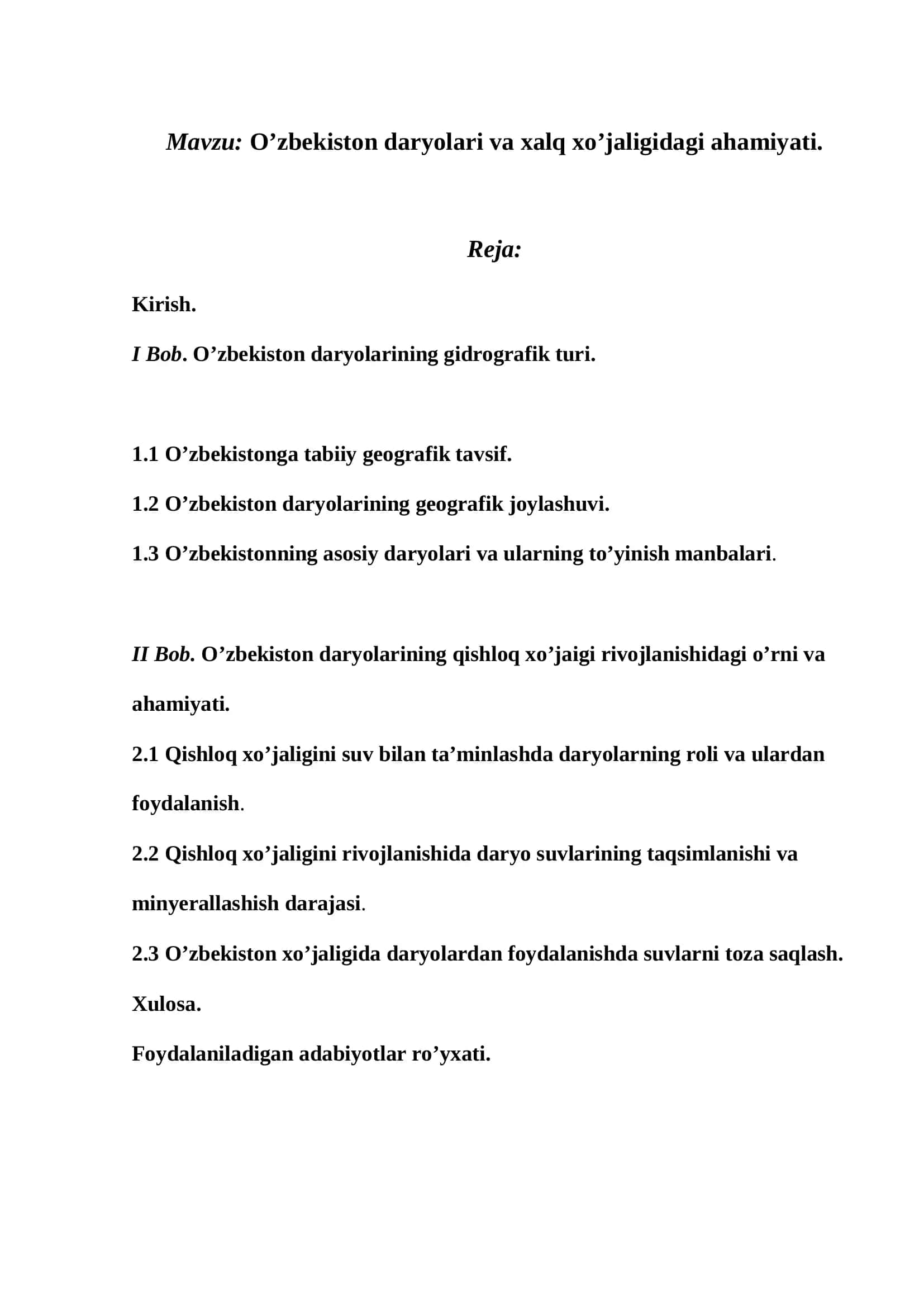 O’zbekiston daryolari va xalq xo’jaligidagi ahamiyati