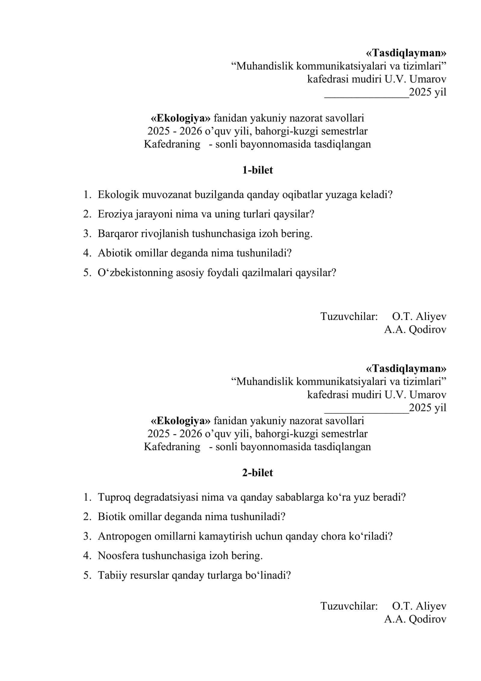 Ekologiya fanidan yakuniy nazorat savollari