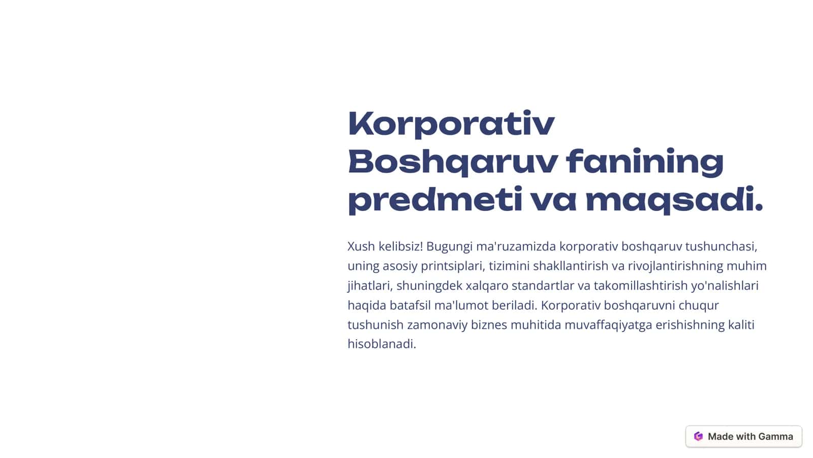 Korporativ Boshqaruv fanining predmeti va maqsadi.