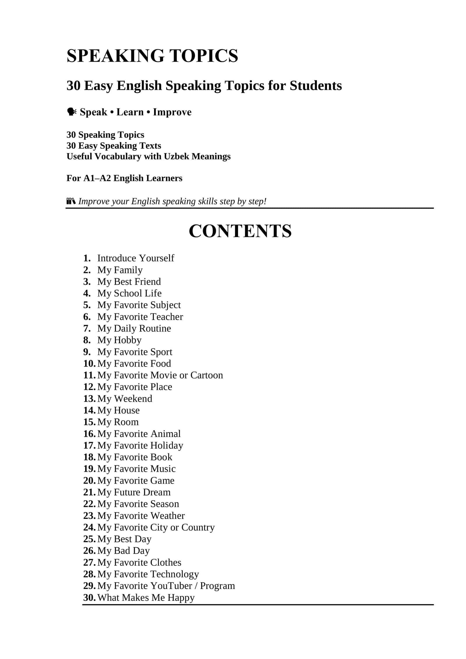 30 ta Easy English Speaking Topics | A1–A2 daraja uchun Speaking Material