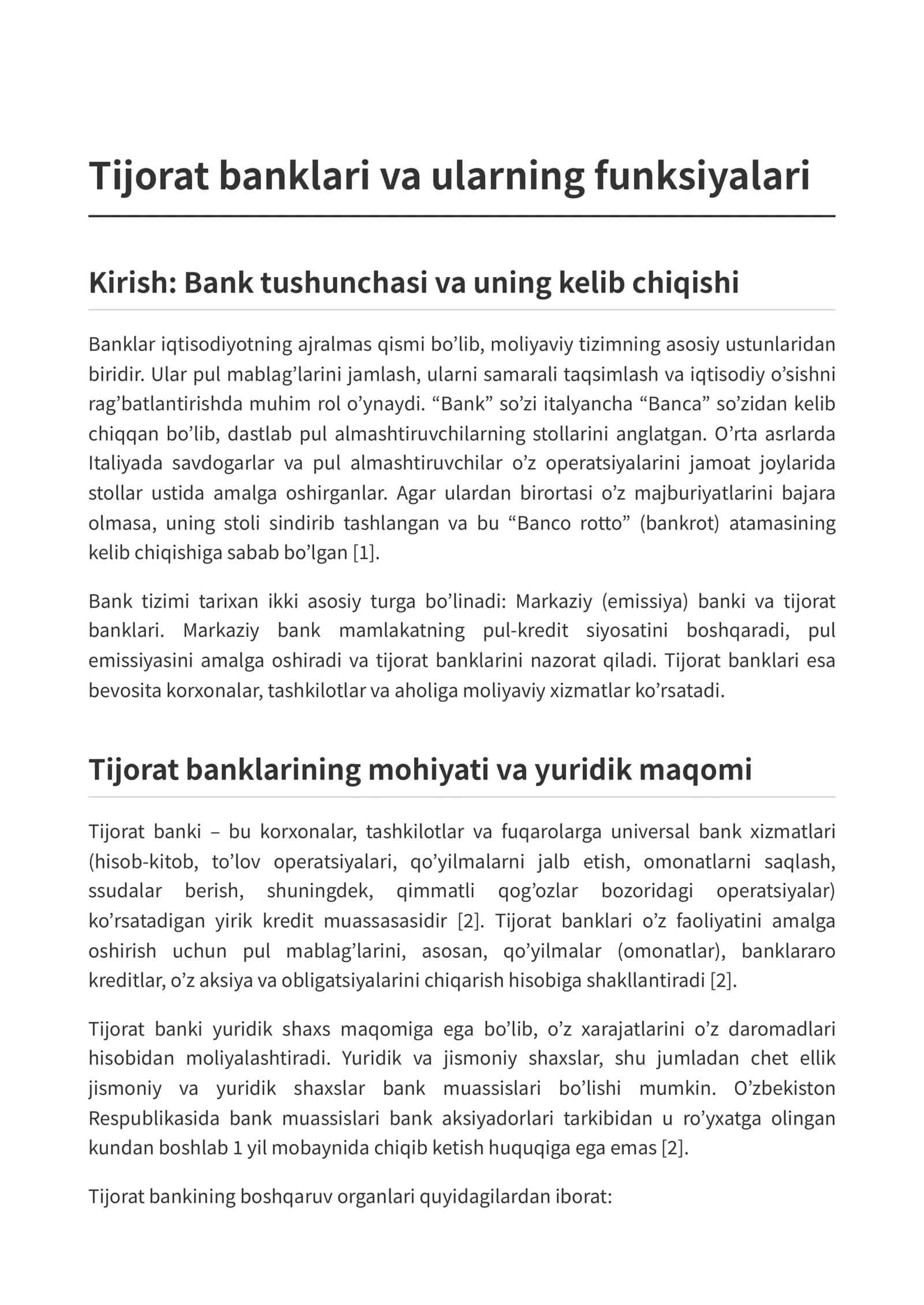 Tijorat banklari va ularning funksiyalari