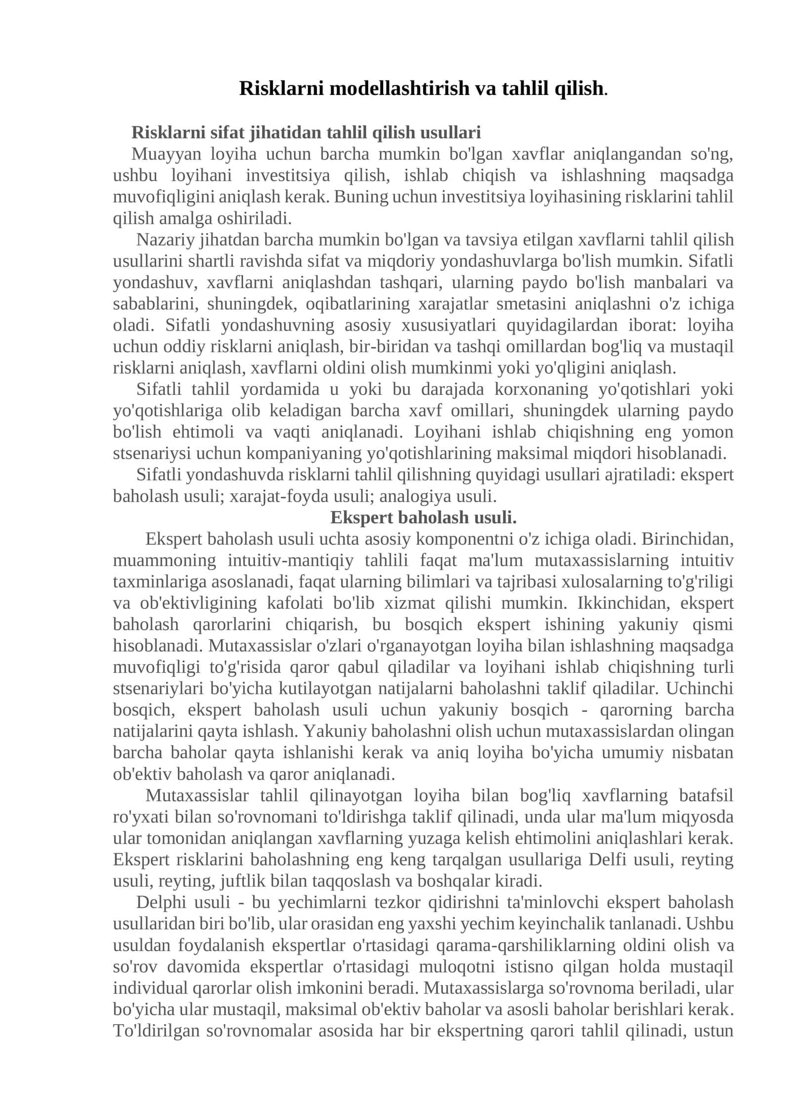 Risklarni modellashtirish va tahlil qilish