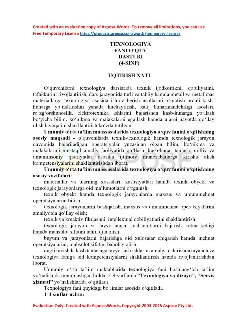 TEXNOLOGIYA fani o‘quv dasturi (4-sinf)