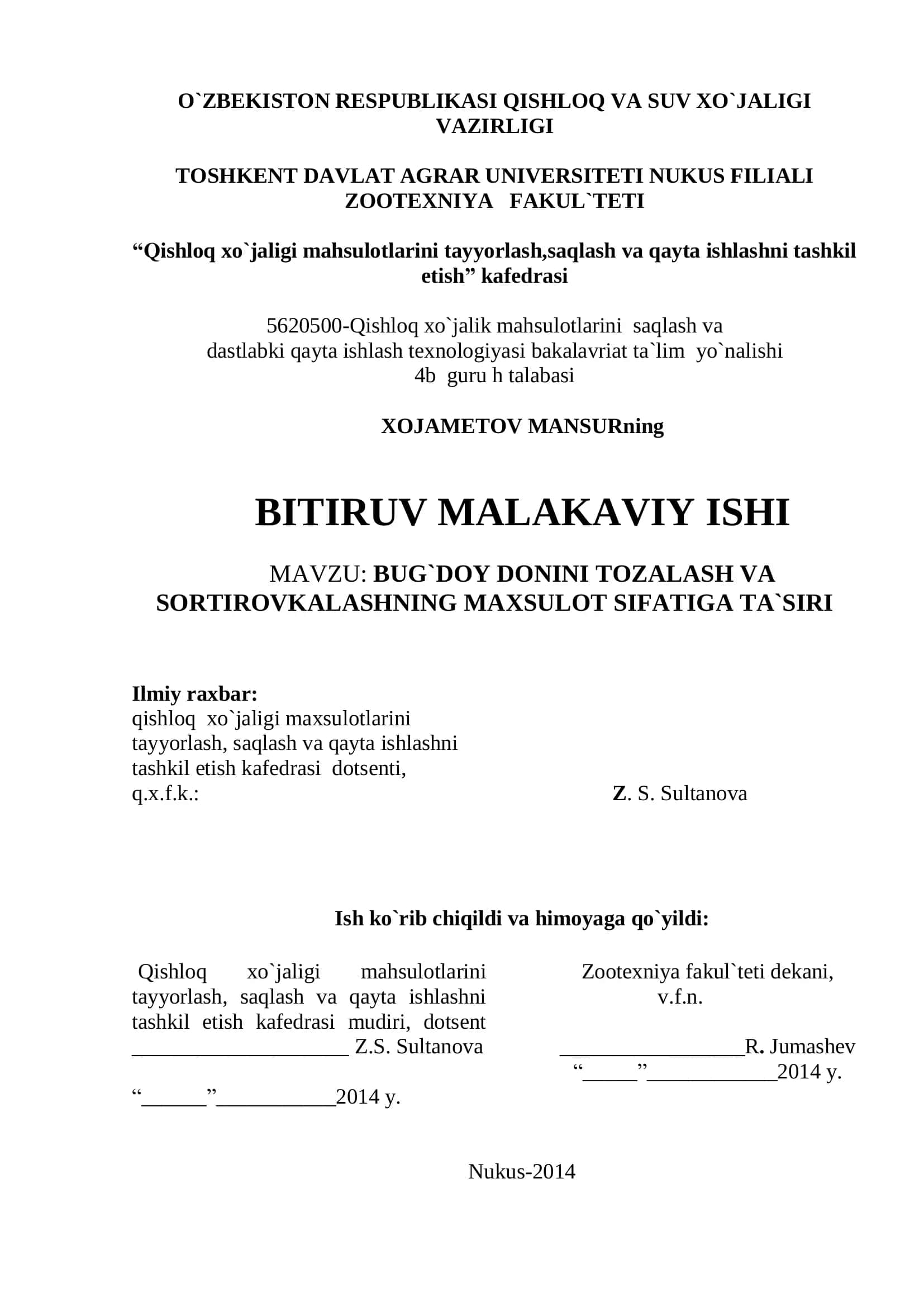 BUG`DOY DONINI TOZALASH VA SORTIROVKALASHNING MAXSULOT SIFATIGA TA`SIRI