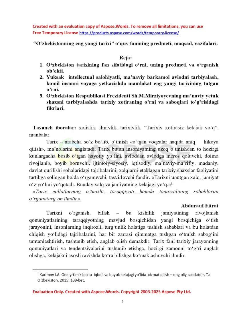 O‘zbekistonning eng yangi tarixi o‘quv fanining predmeti, maqsad va vazifalari