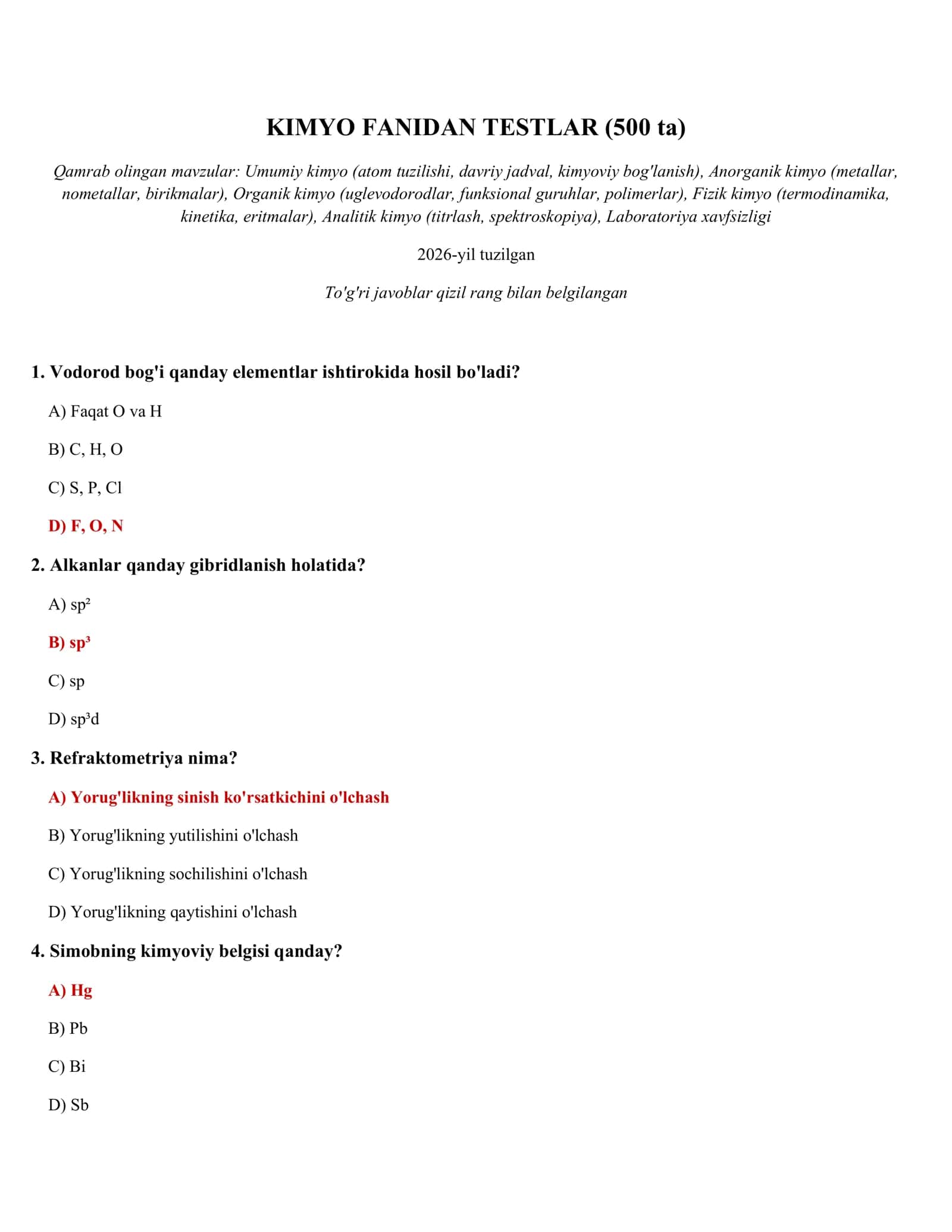 KIMYO FANIDAN TESTLAR (500 ta)