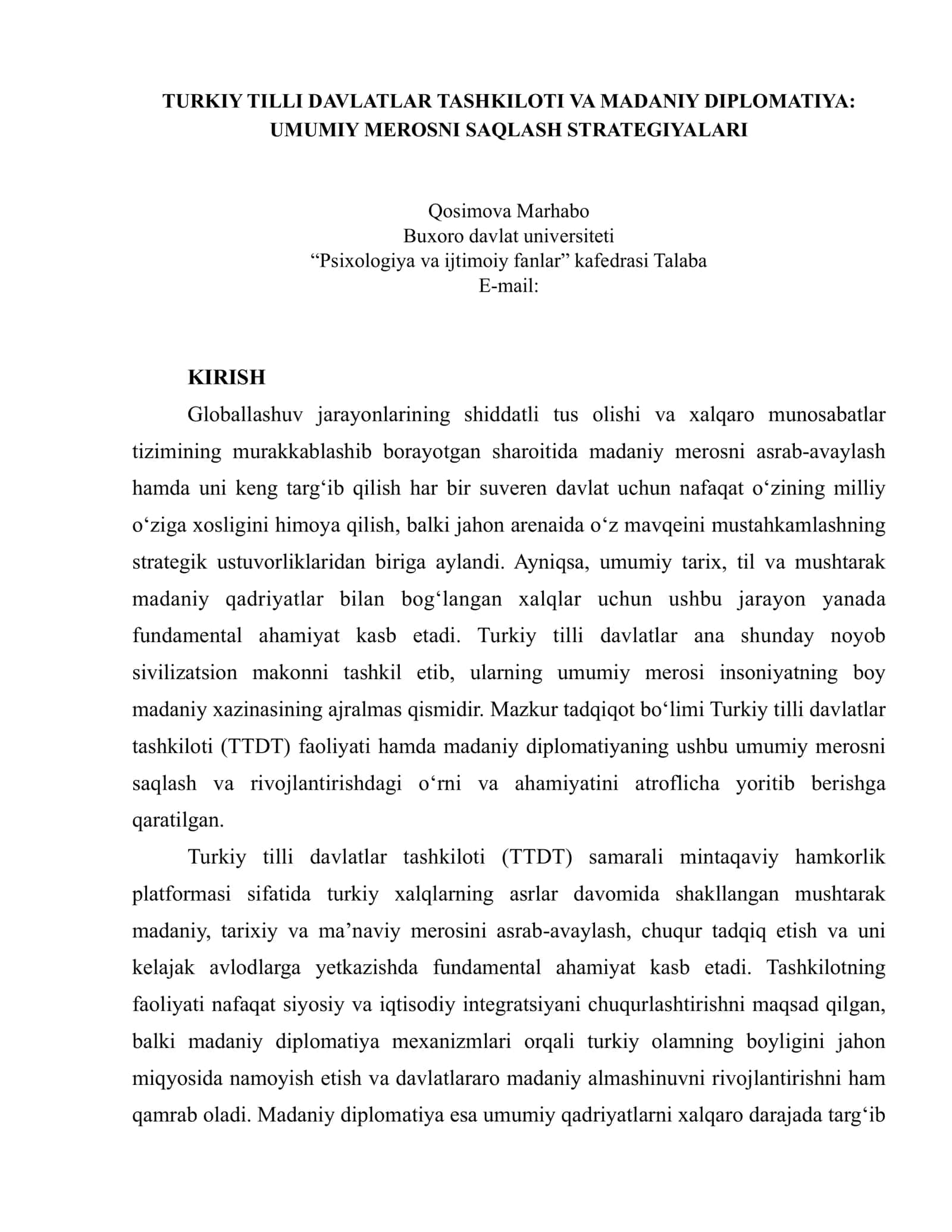 TURKIY TILLI DAVLATLAR TASHKILOTI VA MADANIY DIPLOMATIYA: UMUMIY MEROSNI SAQLASH STRATEGIYALARI