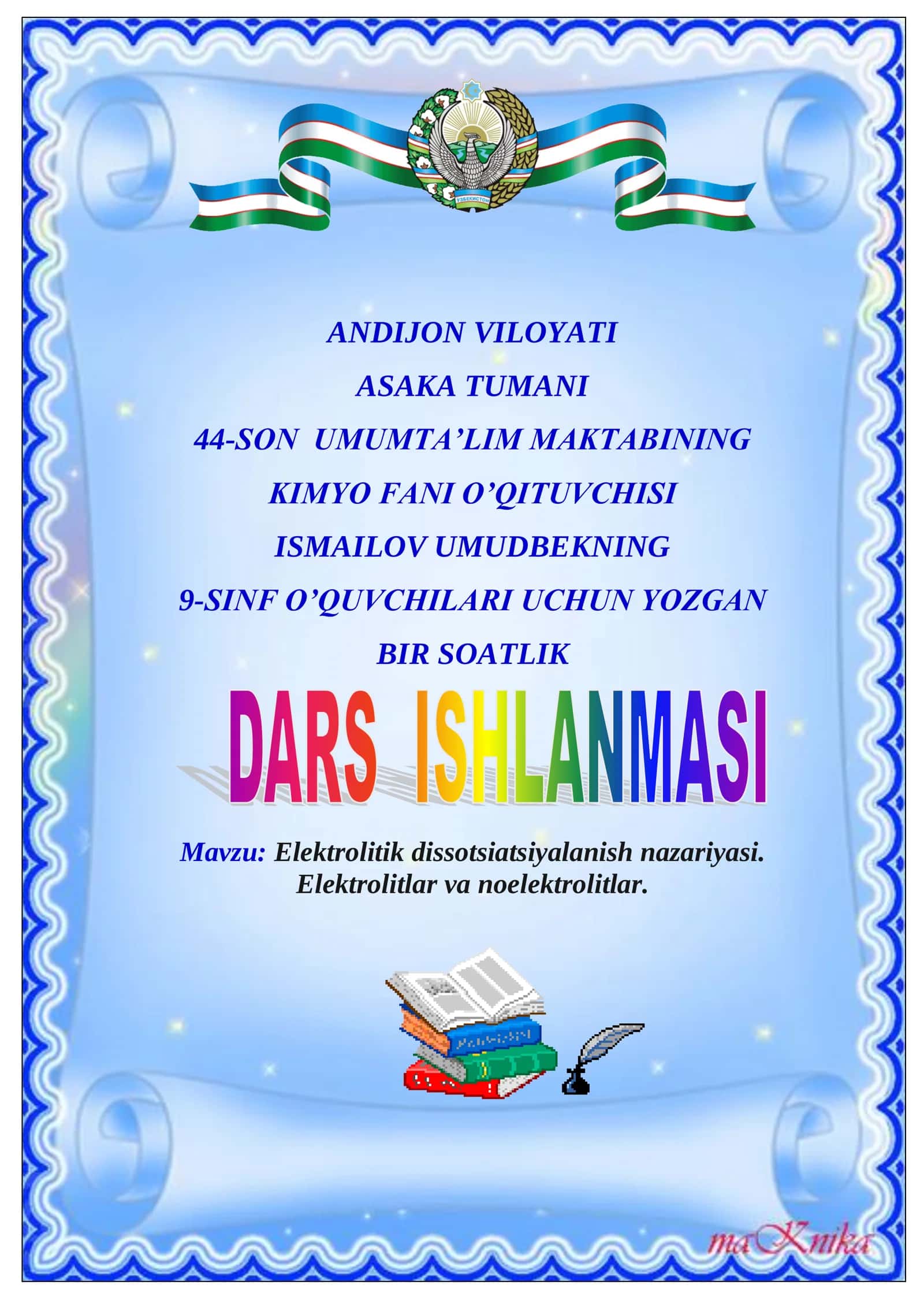 9-sinf Kimyo fanidan Elektrolitik dissotsiatsiyalanish nazariyasi. Elektrolitlar va noelektrolitlar dars ishlanma