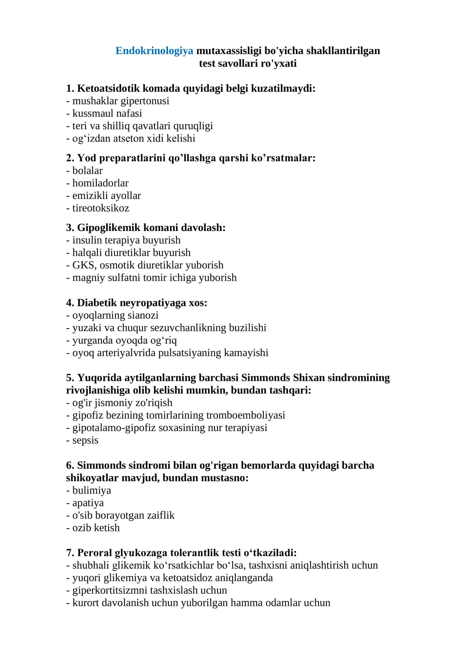 Endokrinologiya mutaxassisligi bo'yicha test savollari