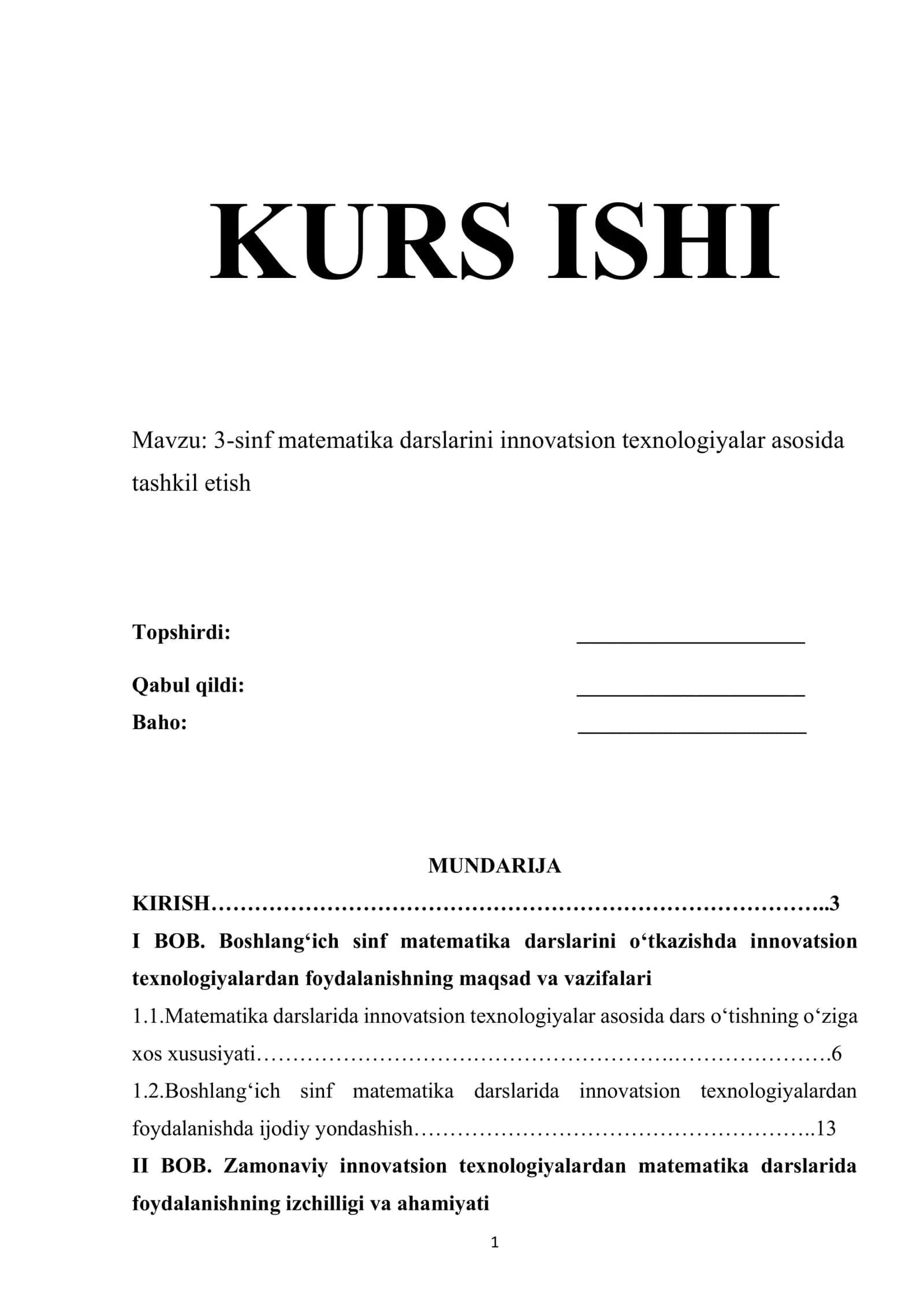 Matematika darslarini innovatsion texnologiyalar asosida tashkil etish