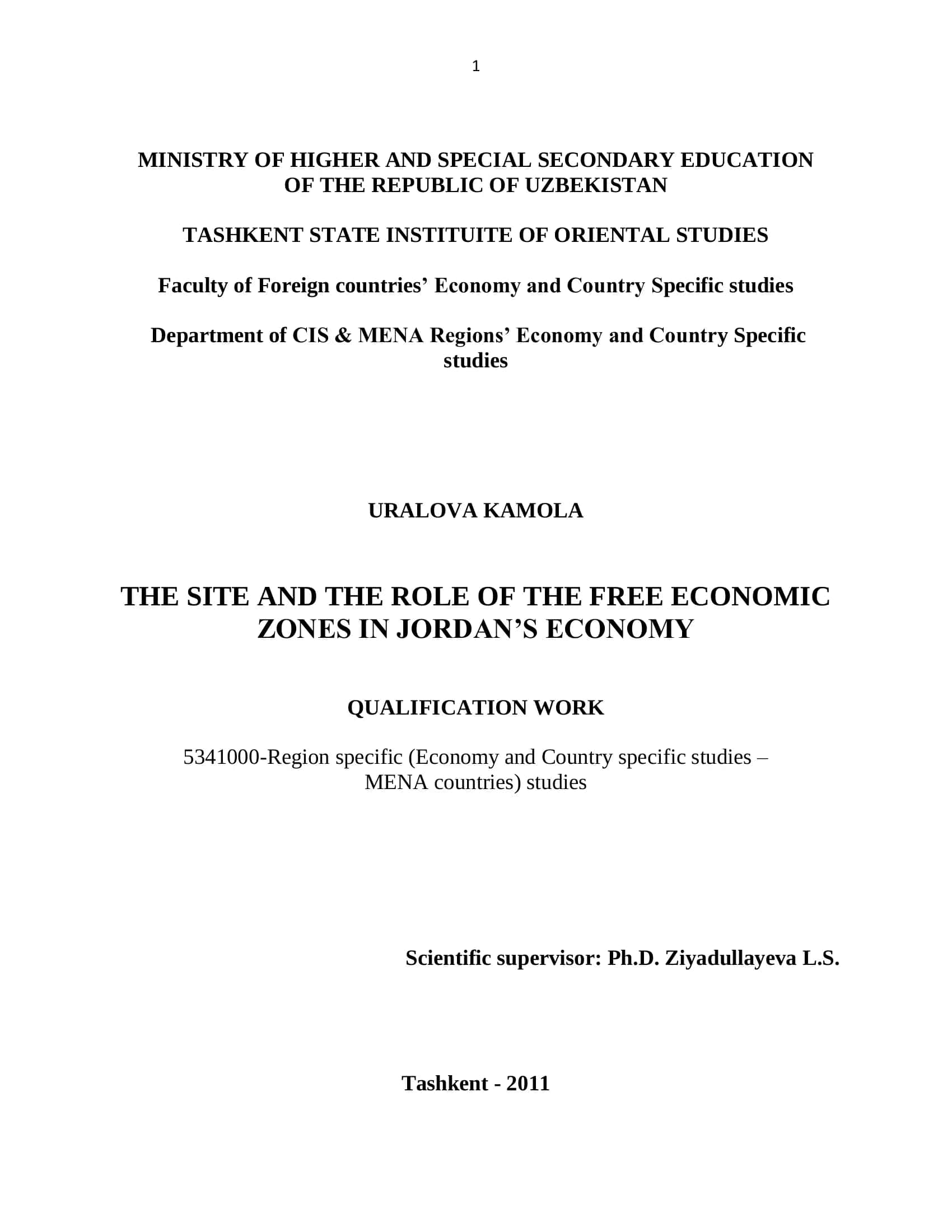 THE SITE AND THE ROLE OF THE FREE ECONOMIC ZONES IN JORDAN’S ECONOMY