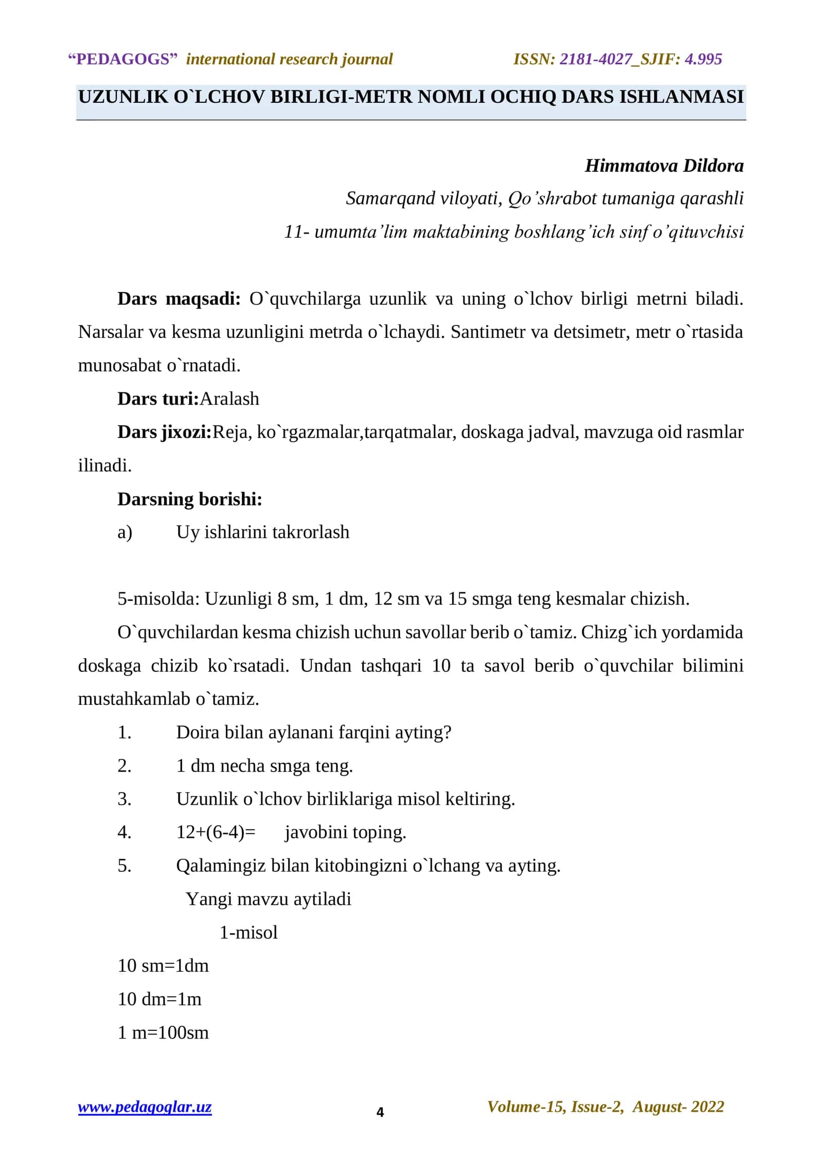 UZUNLIK O`LCHOV BIRLIGI-METR NOMLI OCHIQ DARS ISHLANMASI
