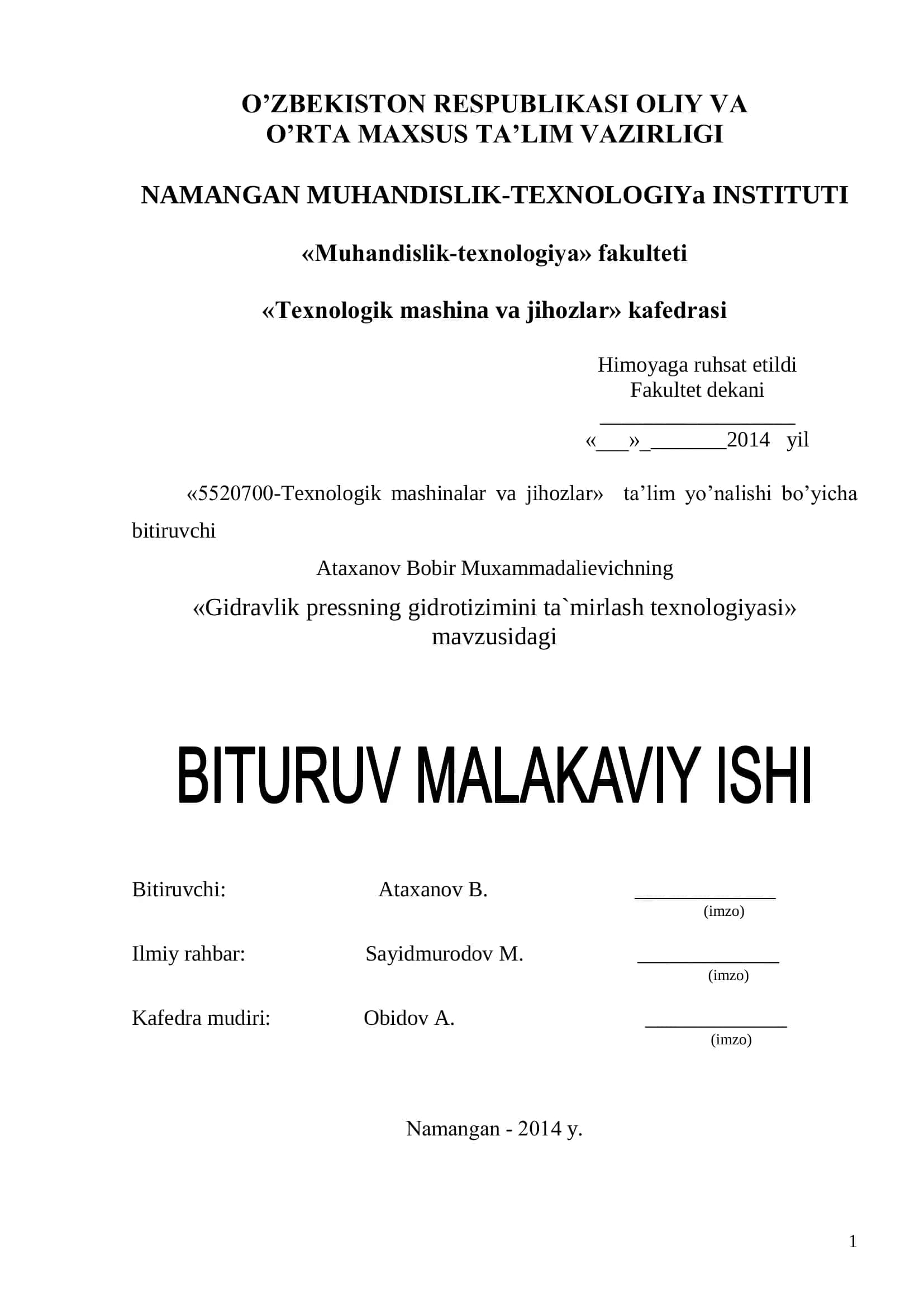 Gidravlik pressning gidrotizimini ta`mirlash texnologiyasi