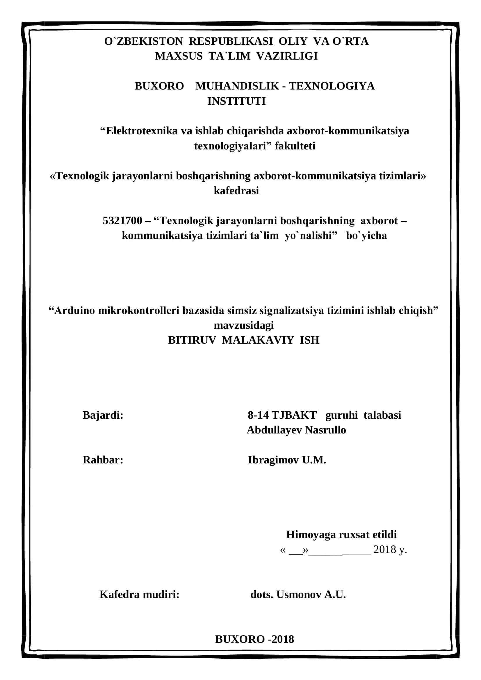 Arduino mikrokontrolleri bazasida simsiz signalizatsiya tizimini ishlab chiqish