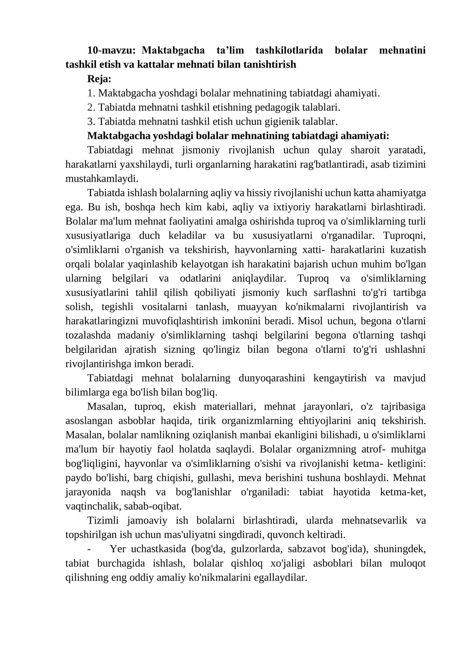 Maktabgacha ta’lim tashkilotlarida bolalar mehnatini tashkil etish va kattalar mehnati bilan tanishtirish