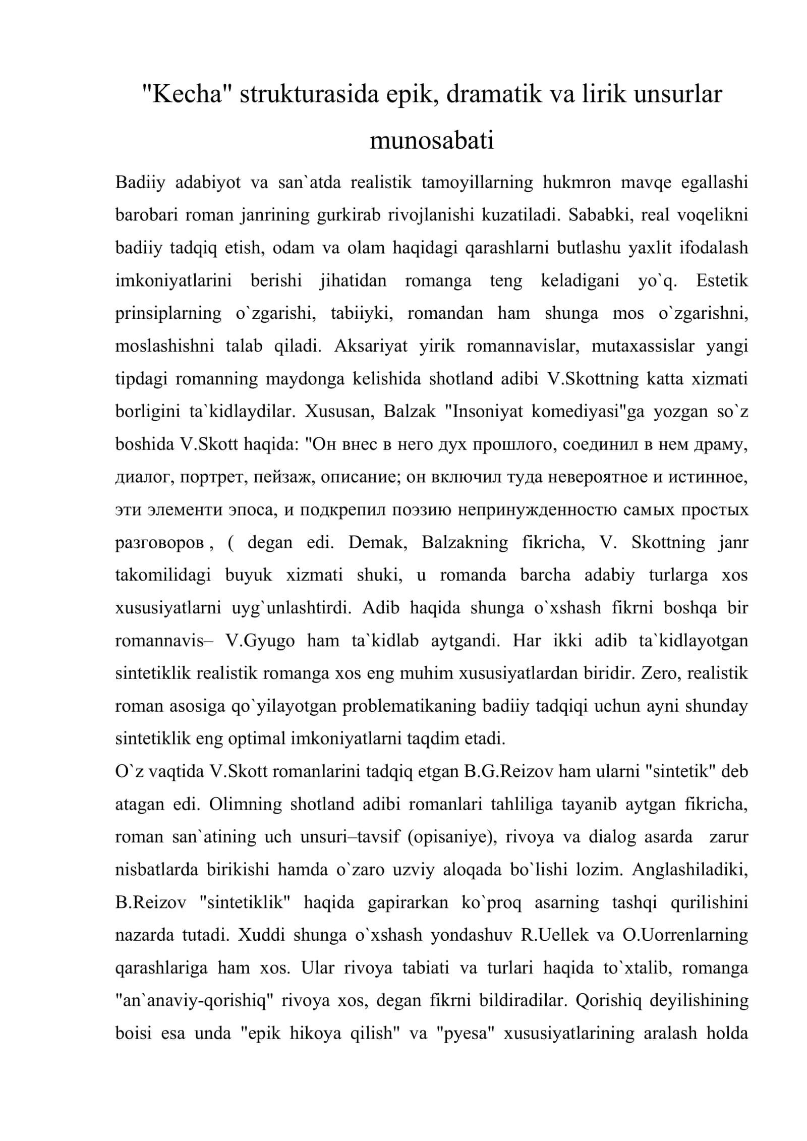 "Kecha" strukturasida epik, dramatik va lirik unsurlar munosabati