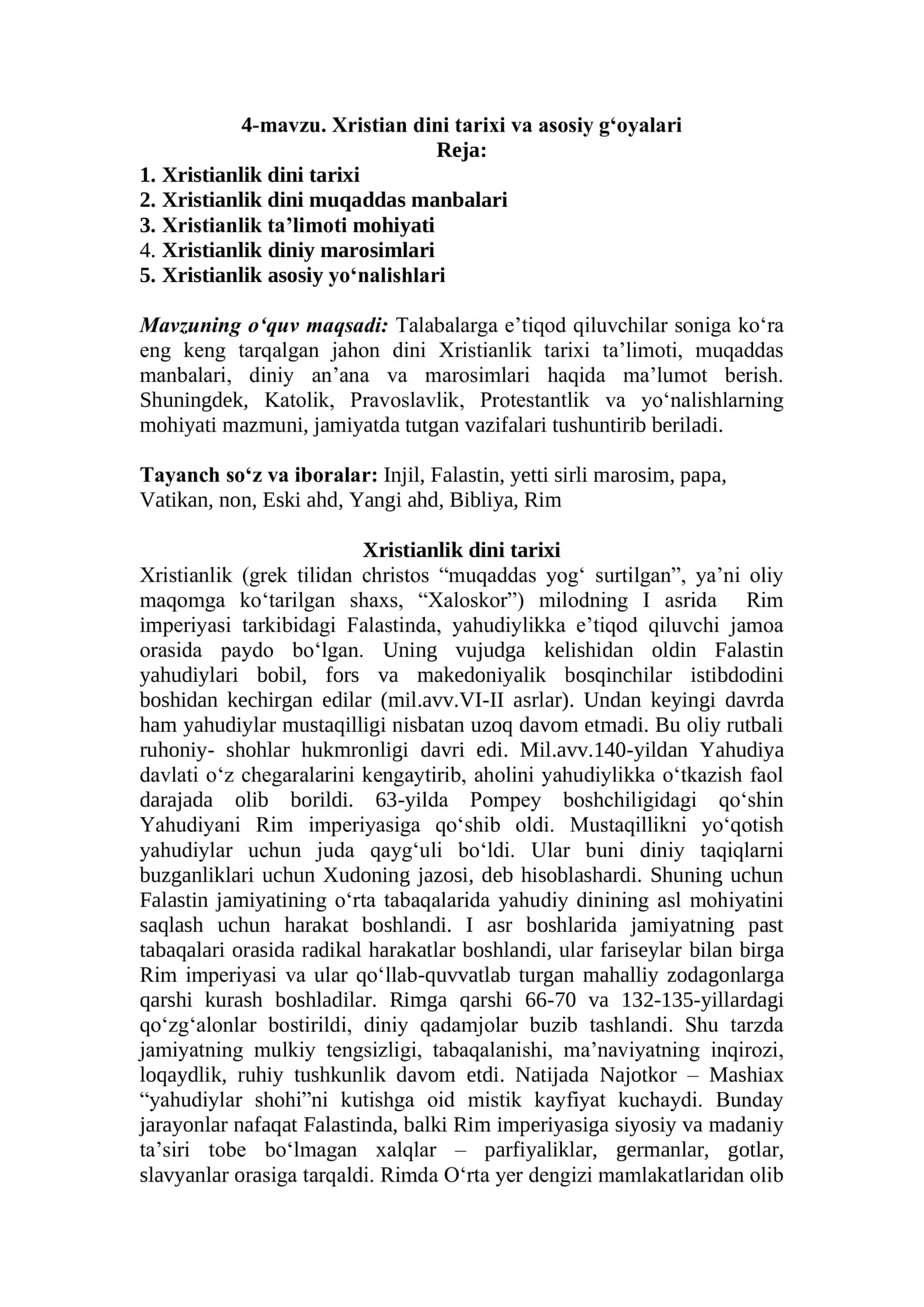 Xristian dini tarixi va asosiy g‘oyalari