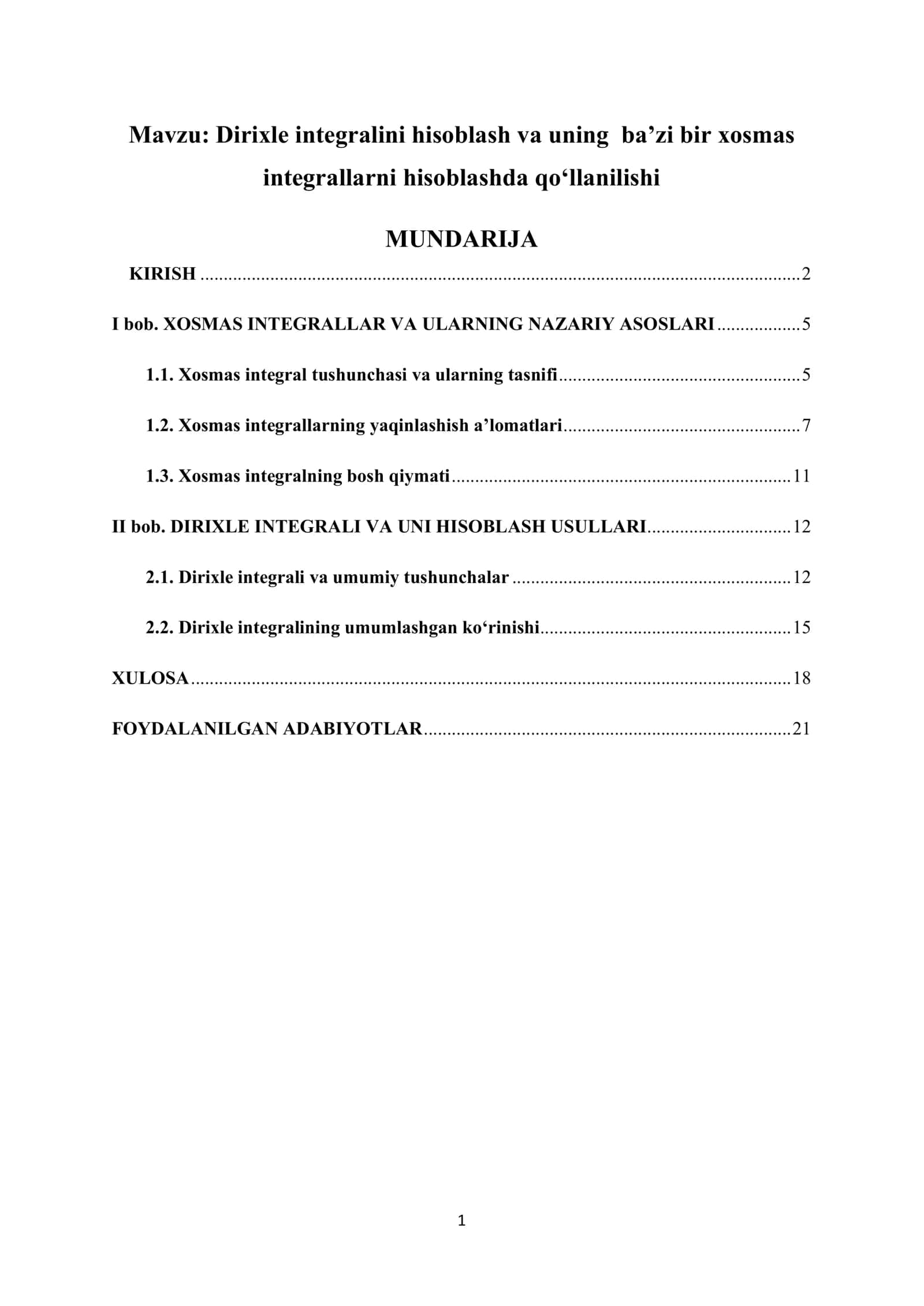 Dirixle integralini hisoblash va uning ba’zi bir xosmas