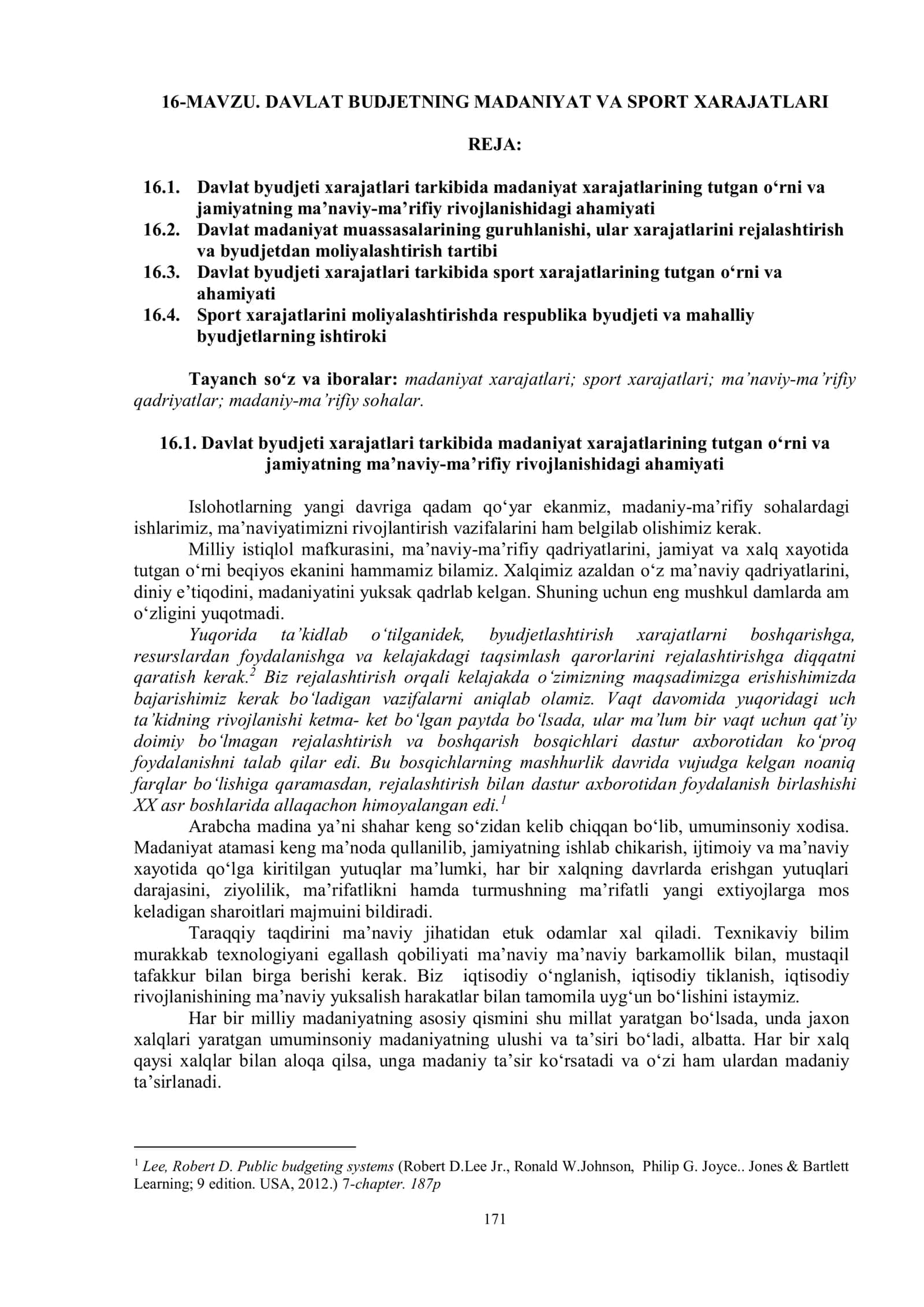 DAVLAT BUDJETNING MADANIYAT VA SPORT XARAJATLARI