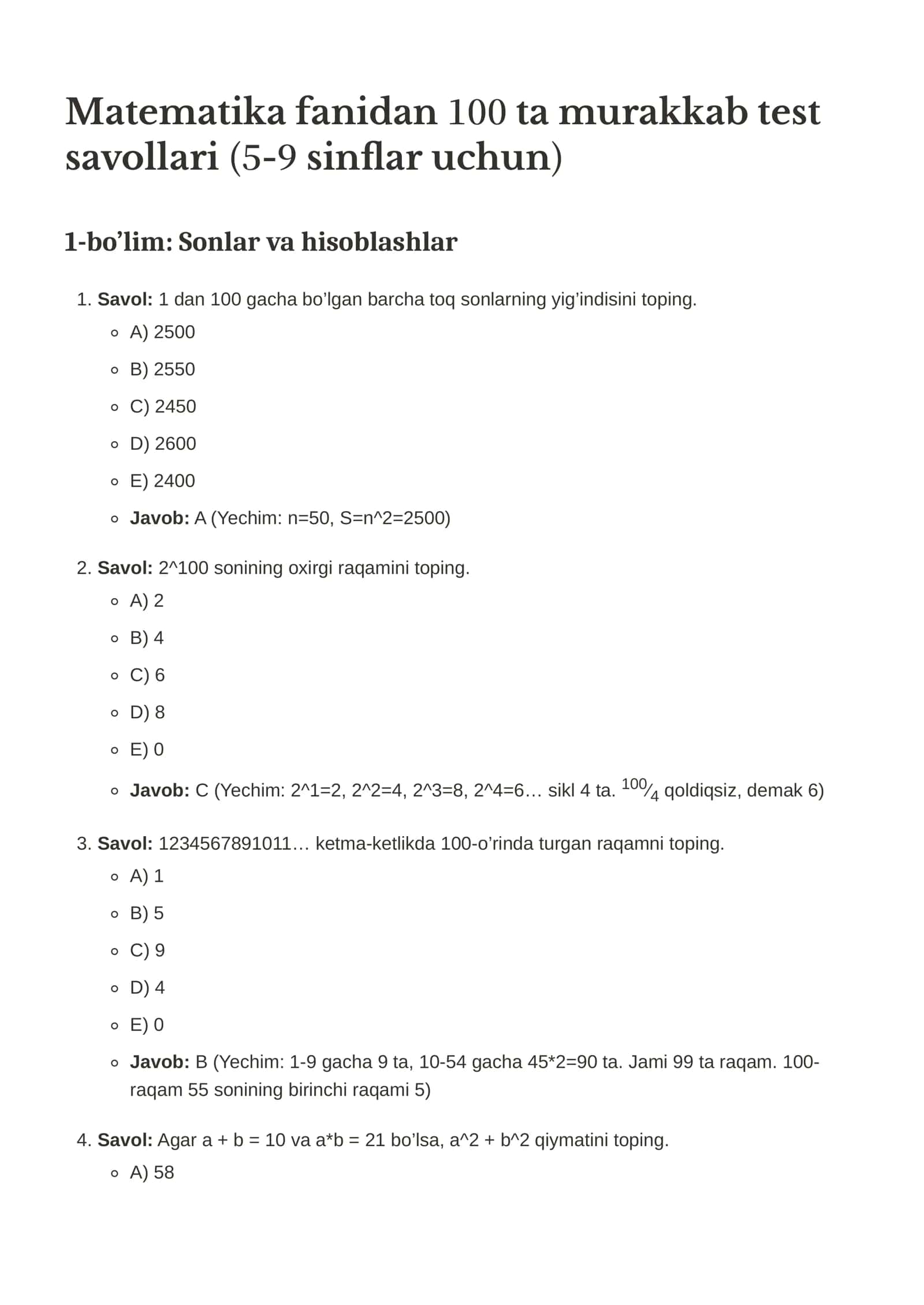 100 ta murakkab test savollari