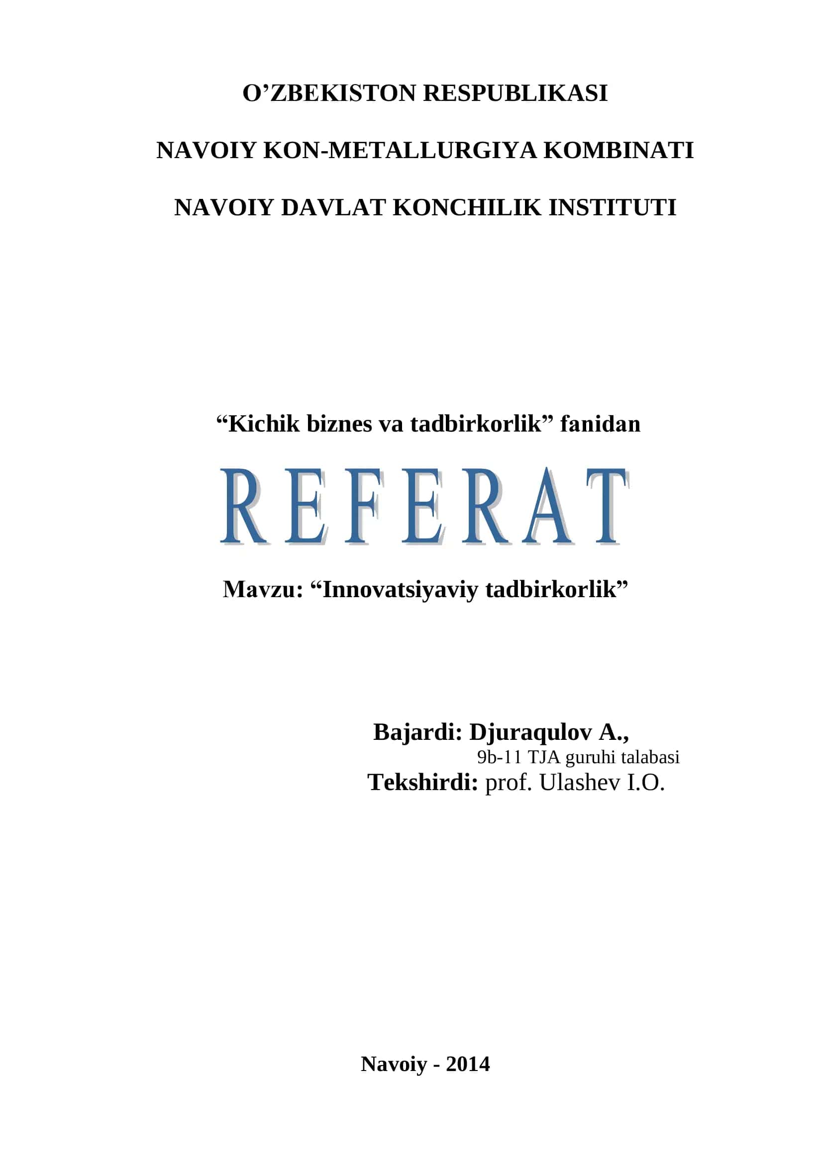Kichik biznes va tadbirkorlik