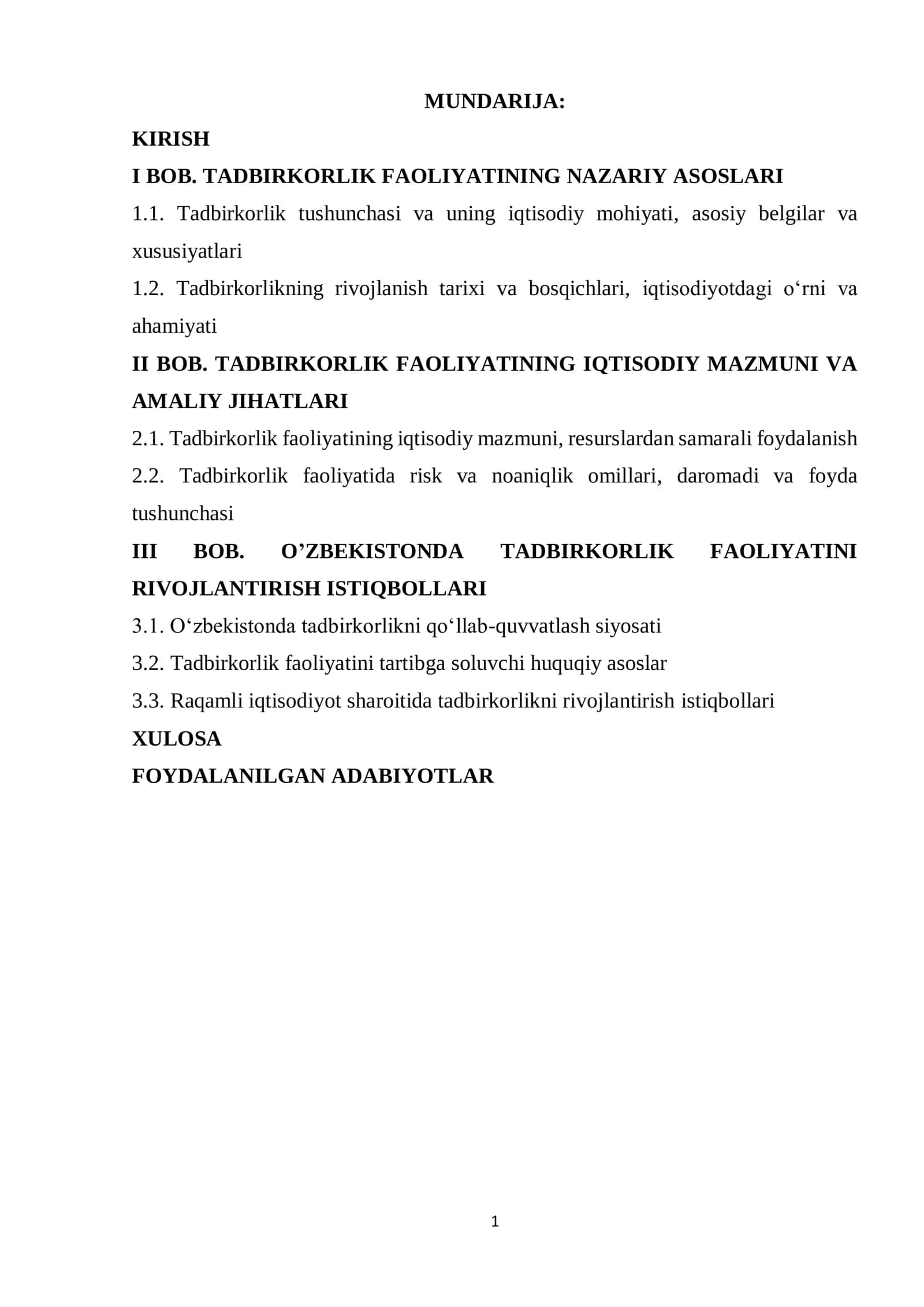 Tadbirkorlik faoliyatining mohiyati va iqtisodiy mazmuni