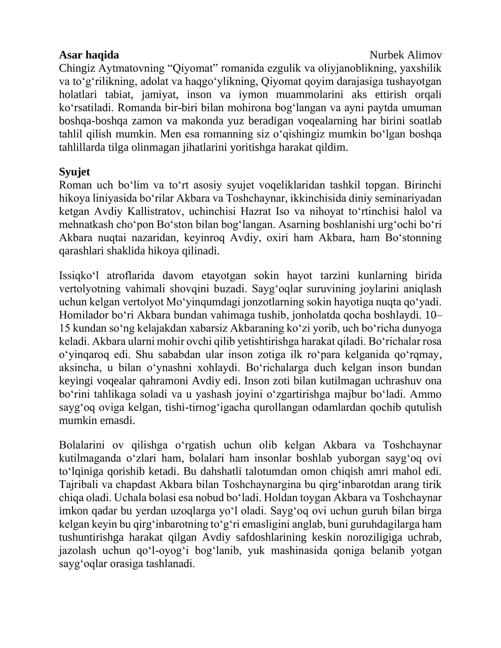 Qiyomat romani tahlili va syujeti