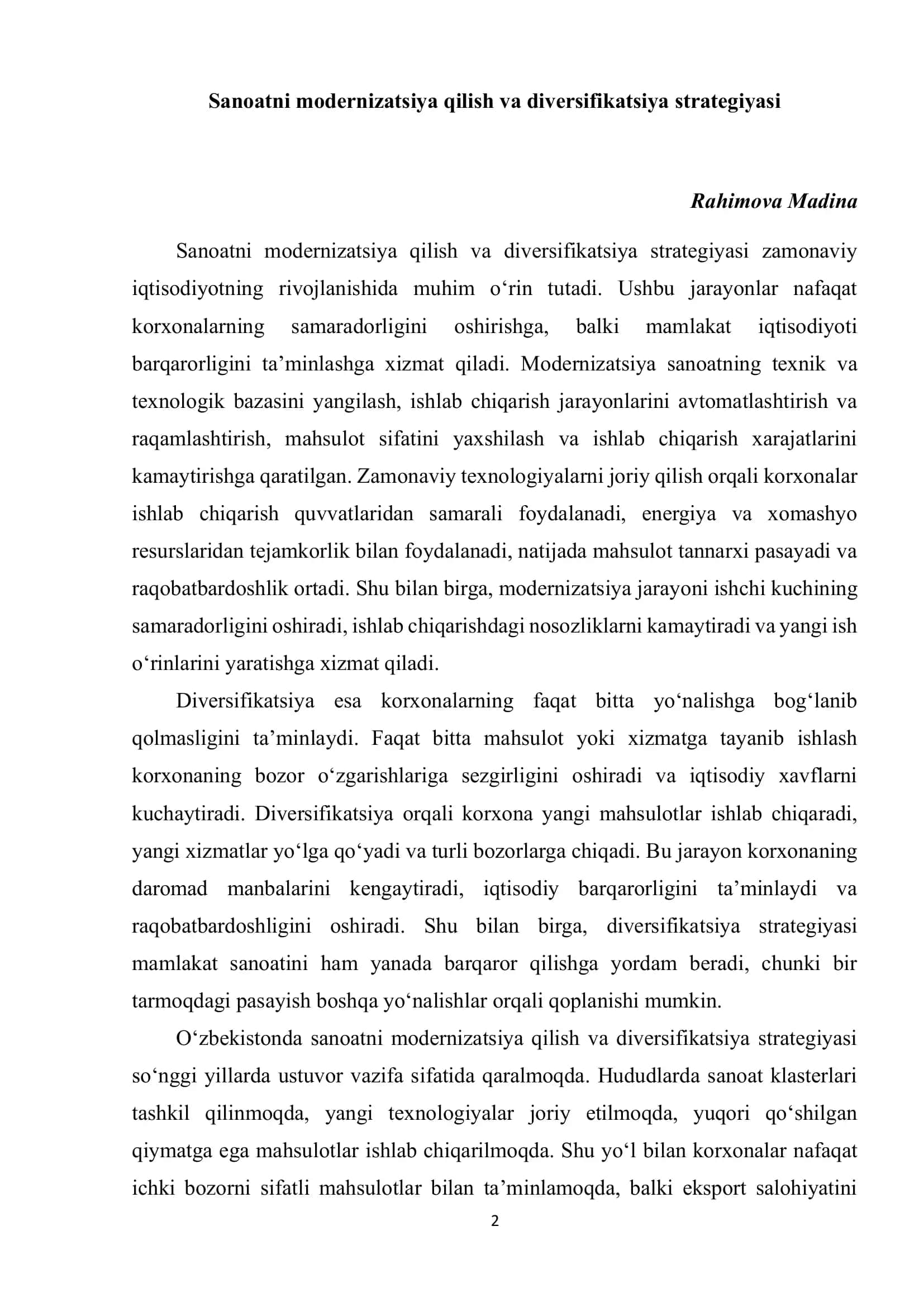 Sanoatni modernizatsiya qilish va diversifikatsiya strategiyasi
