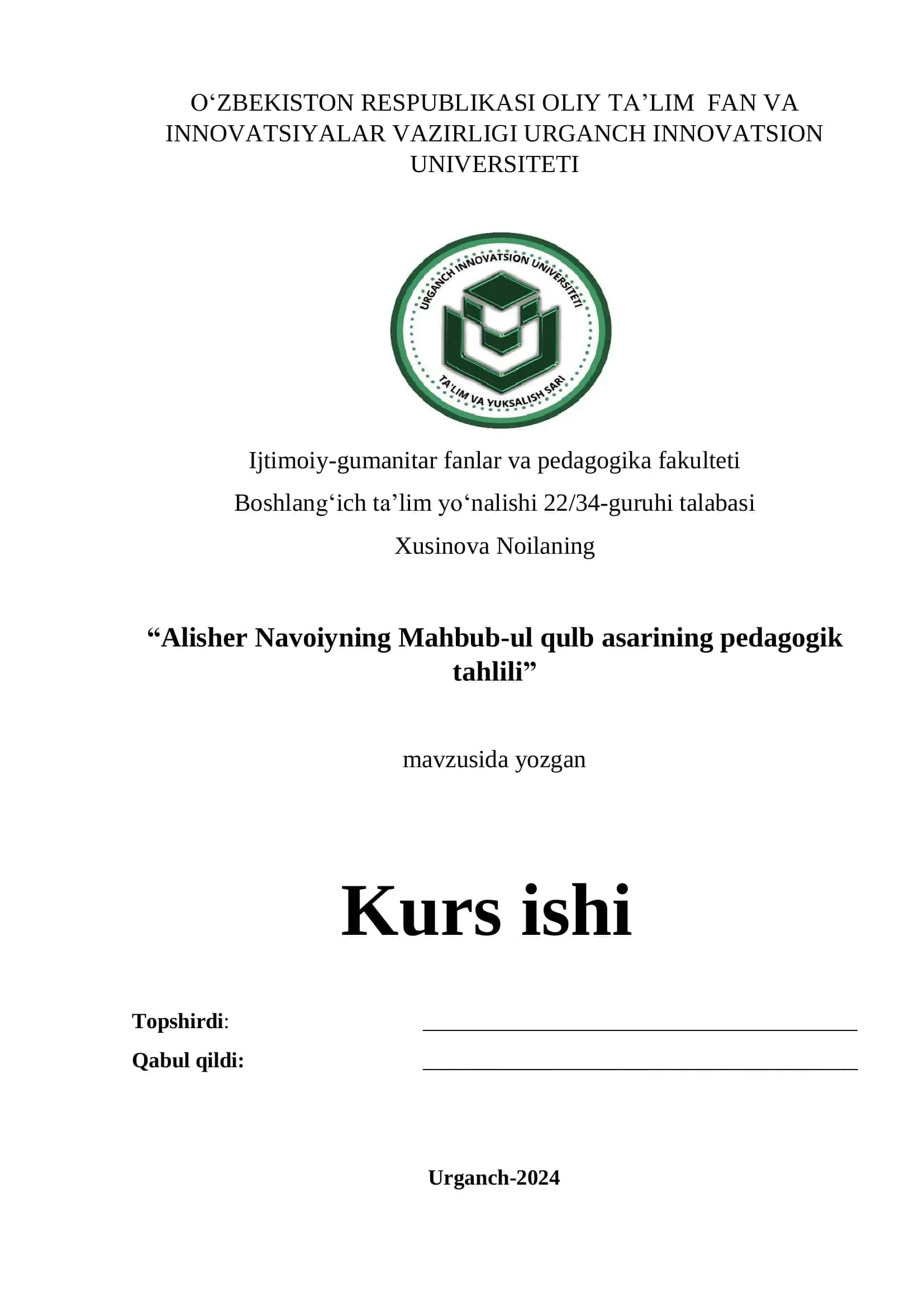Alisher Navoiyning Mahbub-ul qulb asarining pedagogik tahlili