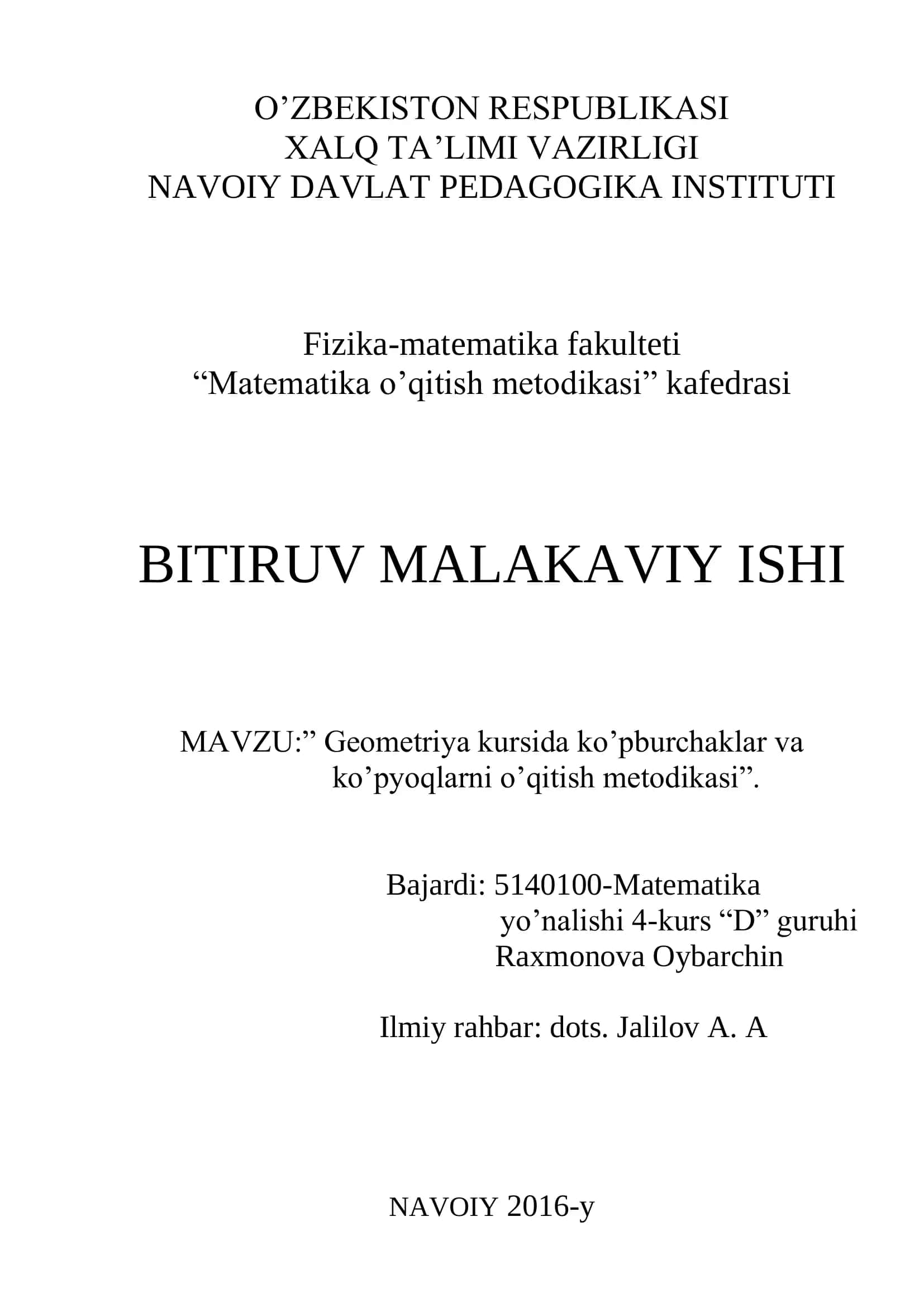 Geometriya kursida ko’pburchaklar va ko’pyoqlarni o’qitish metodikasi
