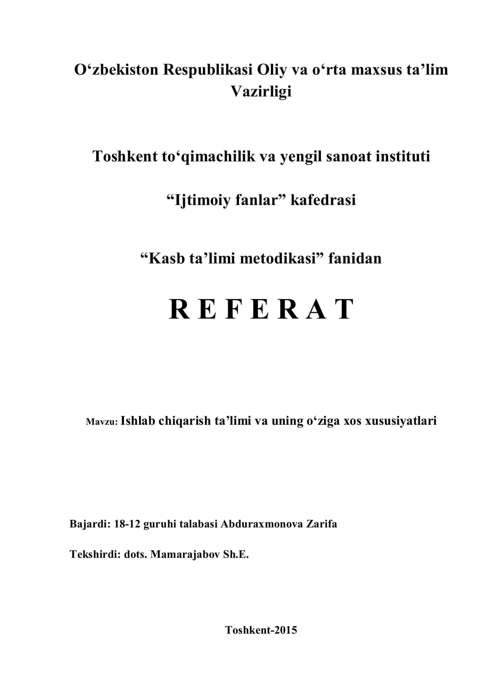 Ishlab chiqarish ta’limi va uning o‘ziga xos xususiyatlari