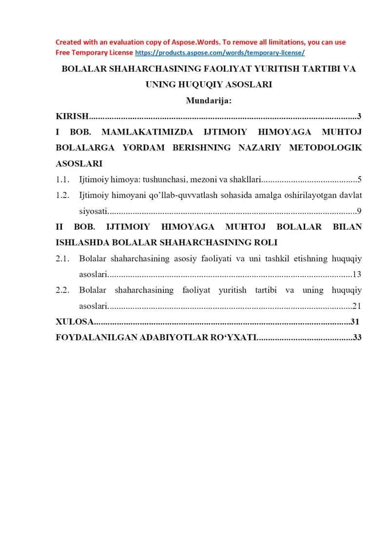 Bolalar shaharchasining faoliyat yuritish tartibi va uning huquqiy asoslari