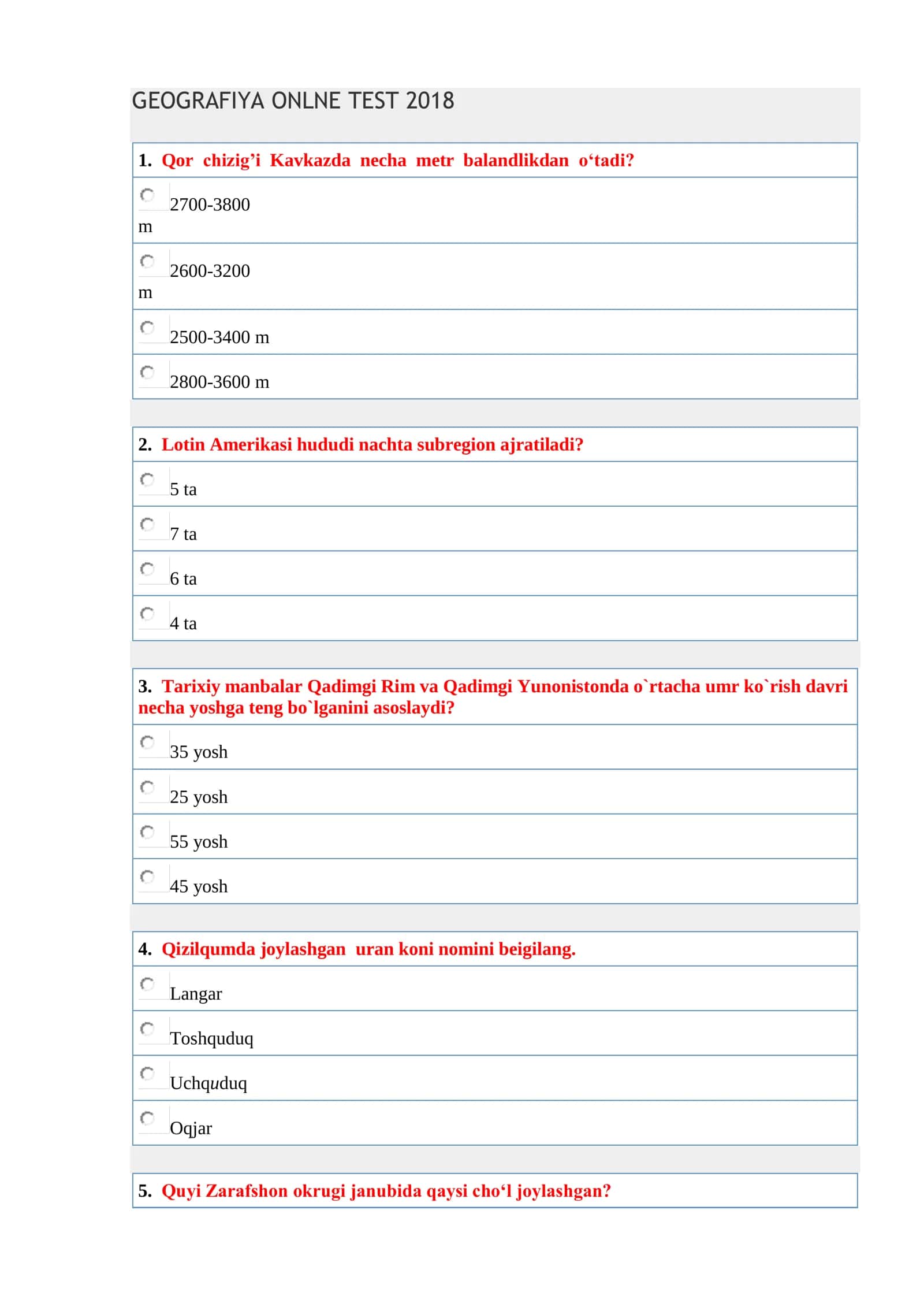 GEOGRAFIYA ONLNE TEST 2018