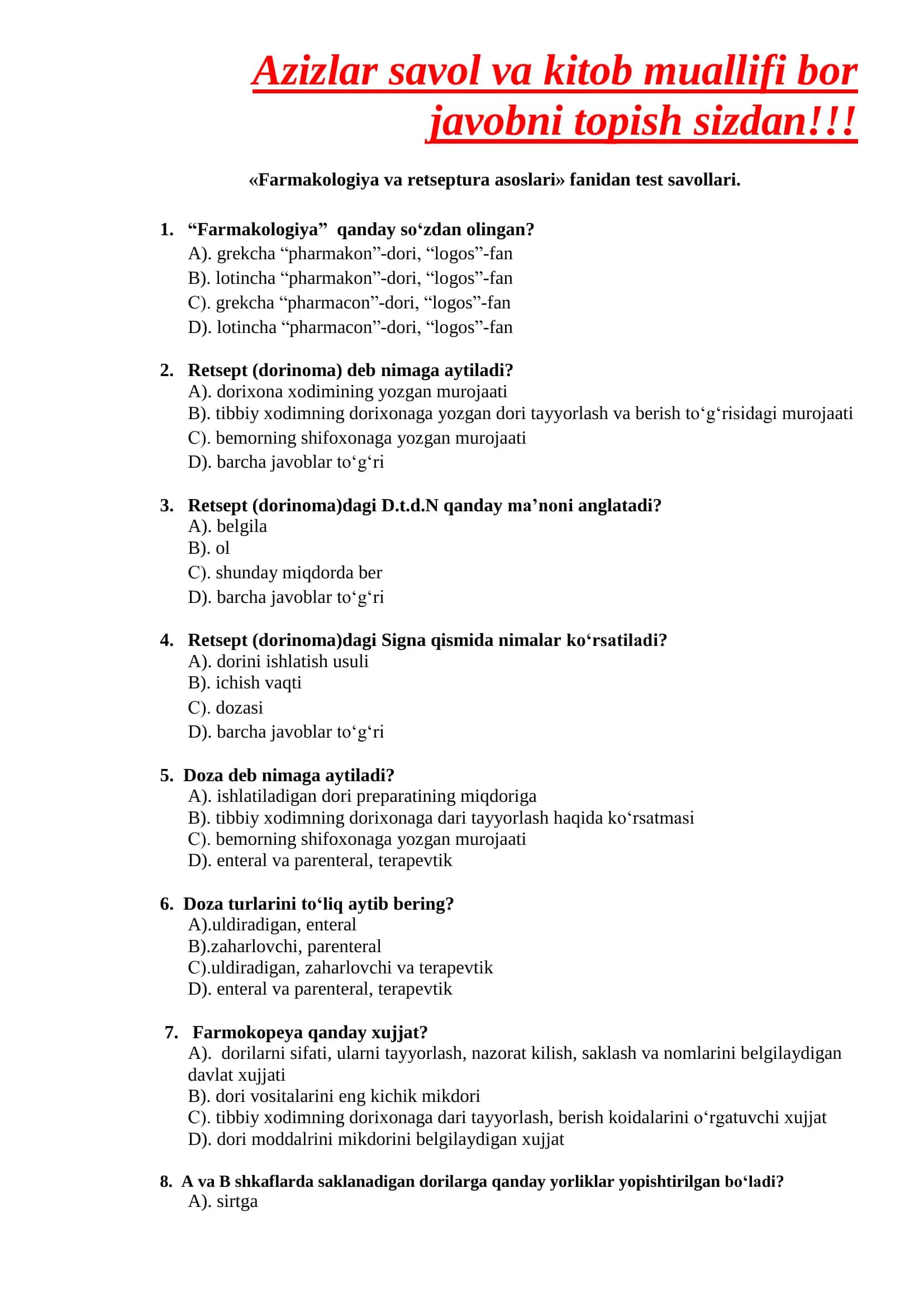 Farmakologiya va retseptura asoslari test savollari