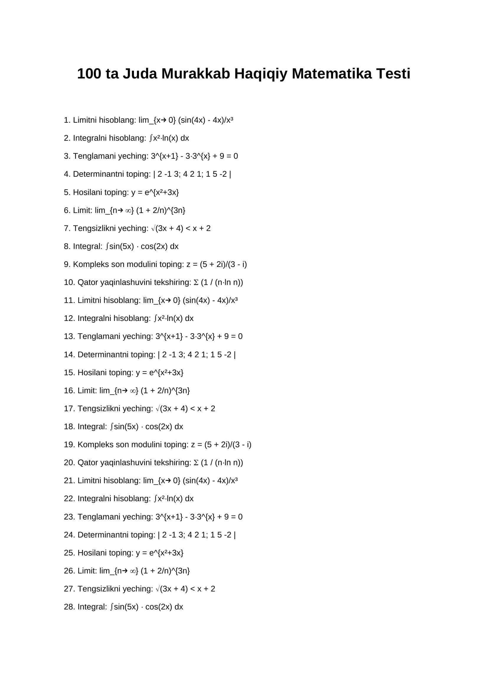 Matematika testlar murakkab