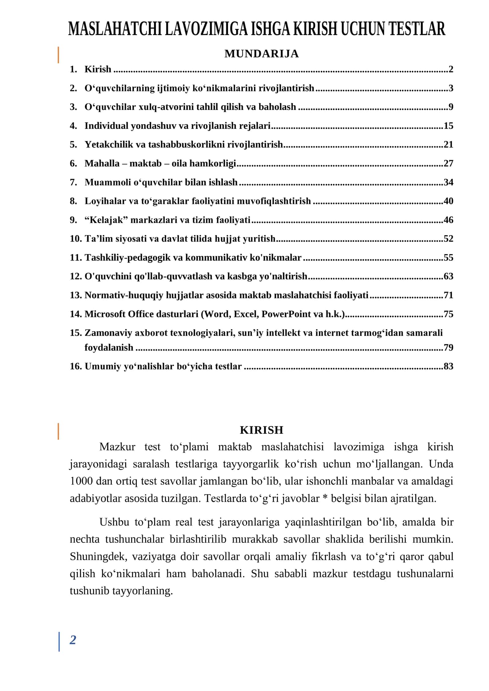 Maslahatchi lavozimiga ishga kirish uchun testlar